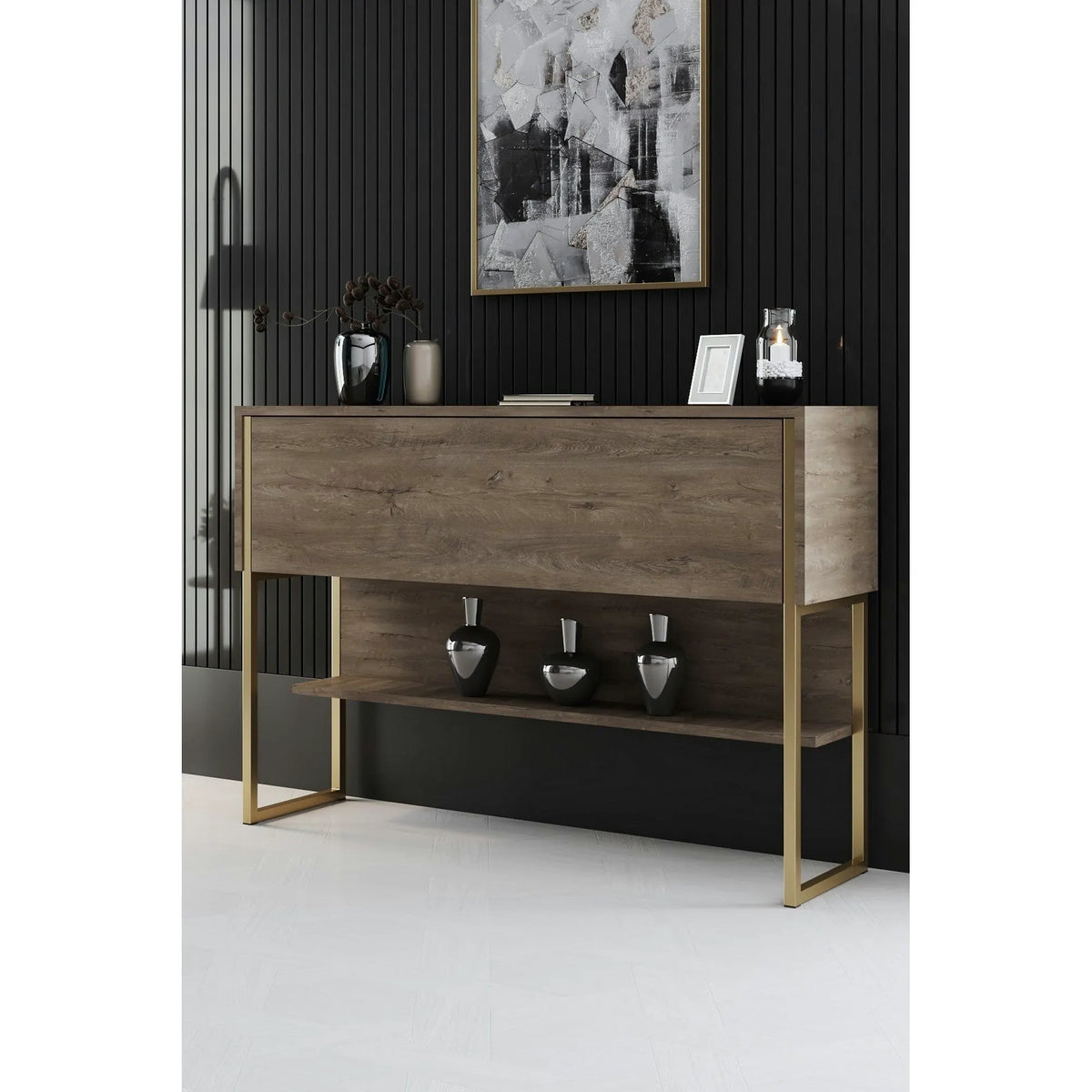 Consola LUXE, stejar canyon/auriu, PAL melaminat/metal, 120x30x80 cm