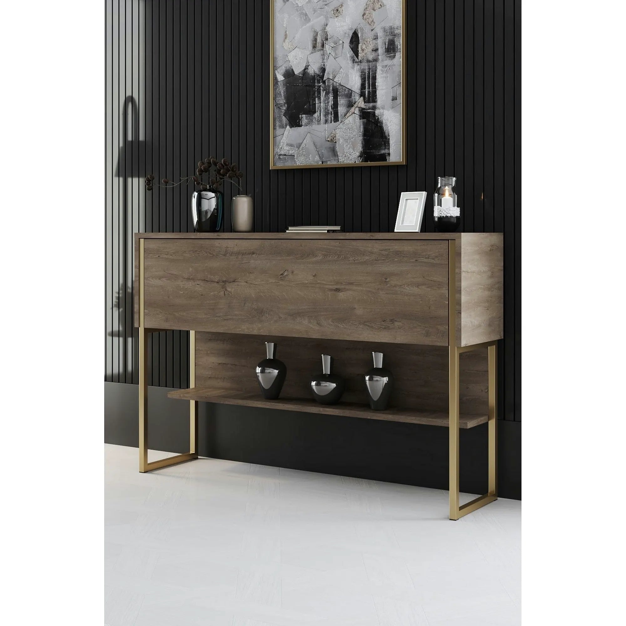 Consola LUXE, stejar canyon/auriu, PAL melaminat/metal, 120x30x80 cm