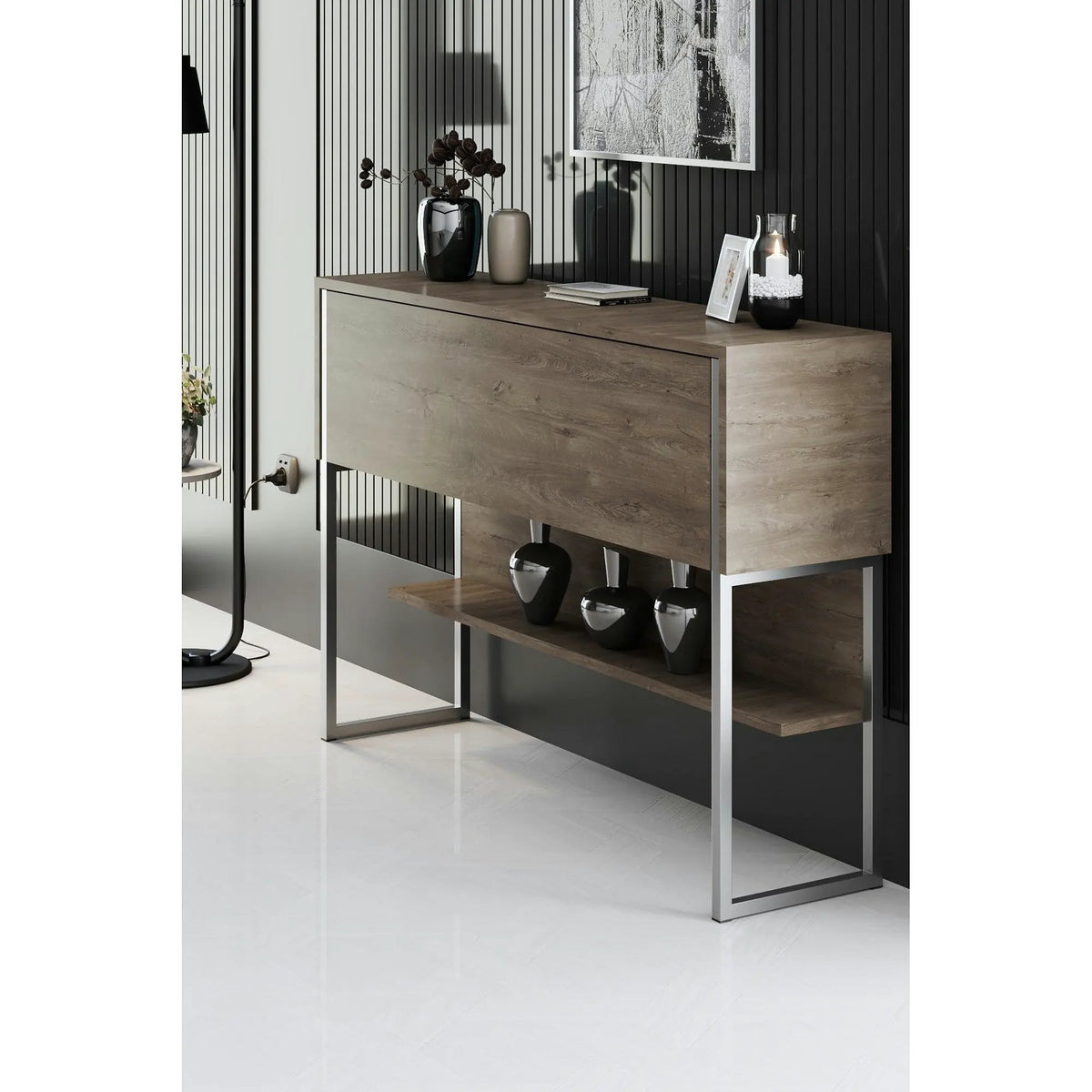Consola LUXE, stejar canyon/crom, PAL melaminat/metal, 120x30x80 cm