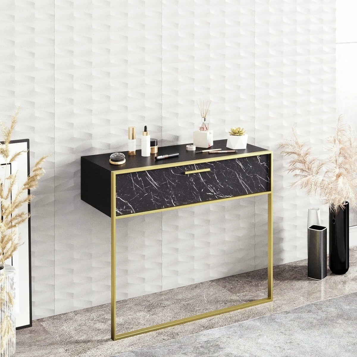 Consola POLKA, negru/auriu, PAL melaminat/metal, 90x39x77 cm