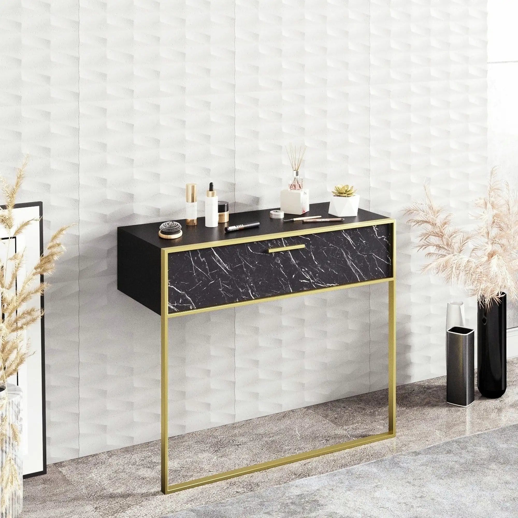 Consola POLKA, negru/auriu, PAL melaminat/metal, 90x39x77 cm