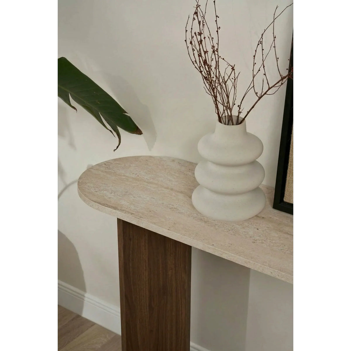 Consola SIRA, travertin/nuc, PAL melaminat, 150x35x75 cm