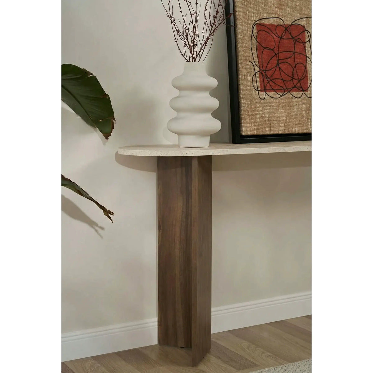 Consola SIRA, travertin/nuc, PAL melaminat, 150x35x75 cm