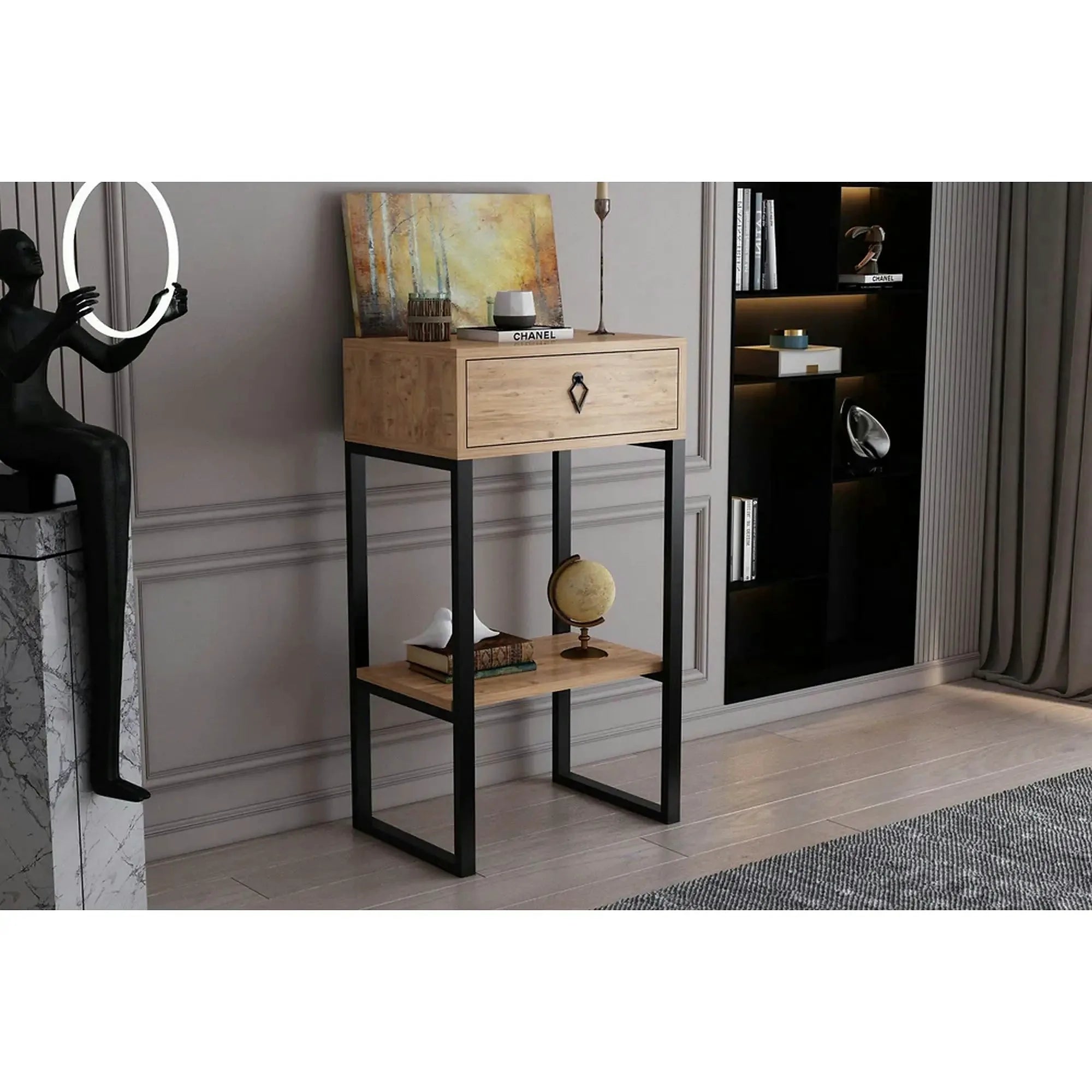Consola VALANTI, stejar/negru, PAL melaminat, 50x35x90 cm