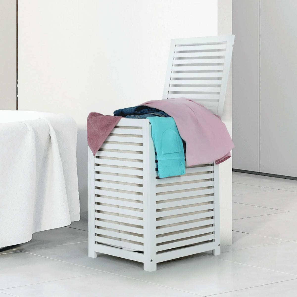 Cos de rufe BASKET, alb, bambus/material textil, 40x40x58 cm