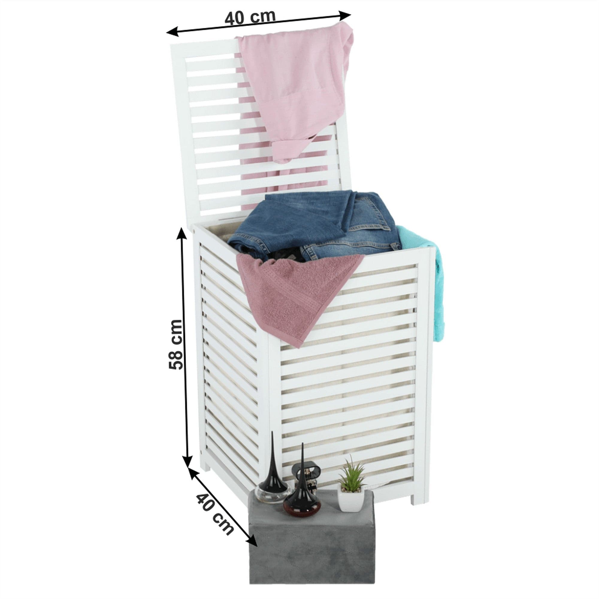 Cos de rufe BASKET, alb, bambus/material textil, 40x40x58 cm