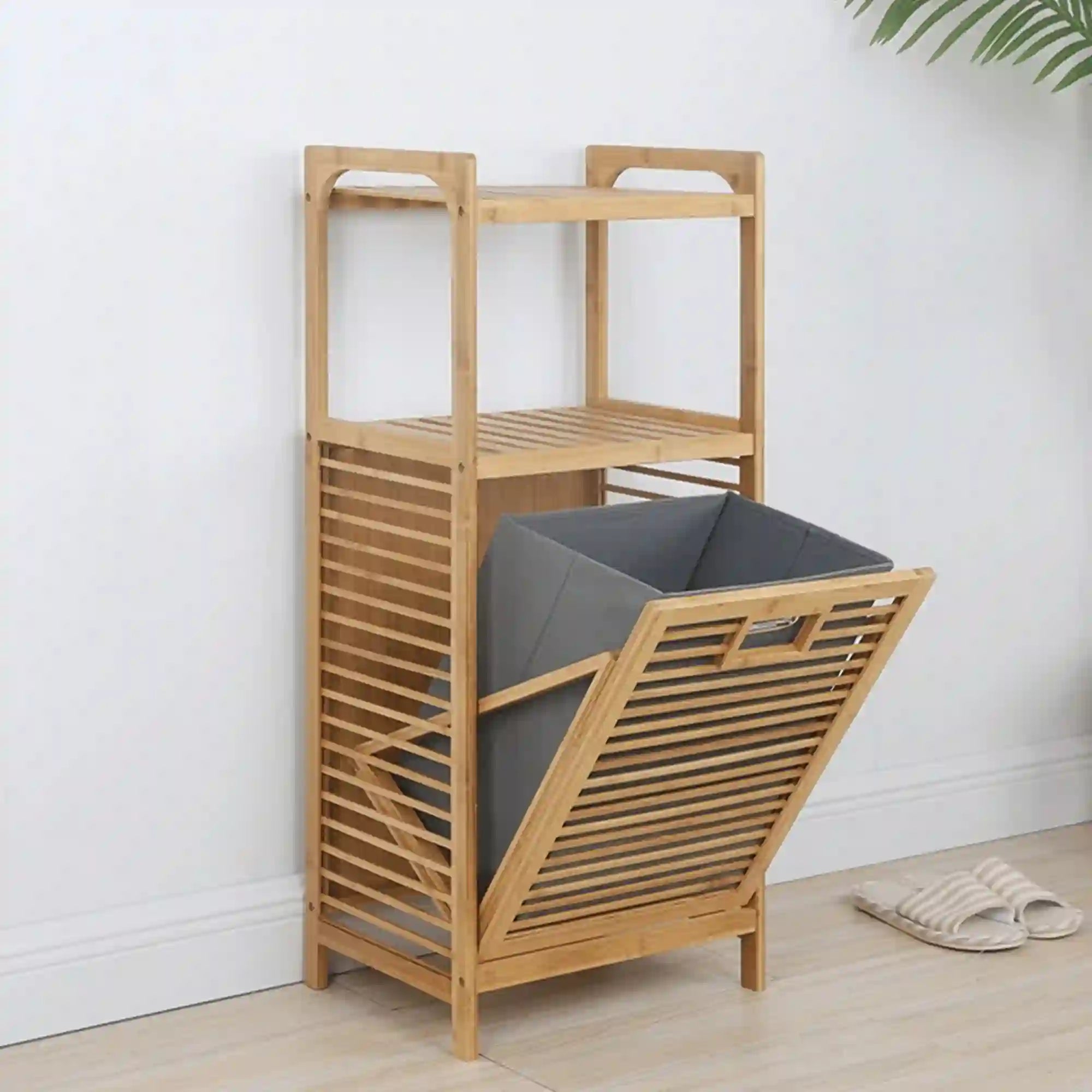 Cos de rufe KERI NEW, stejar auriu, bambus/material textil, 40x30x95 cm