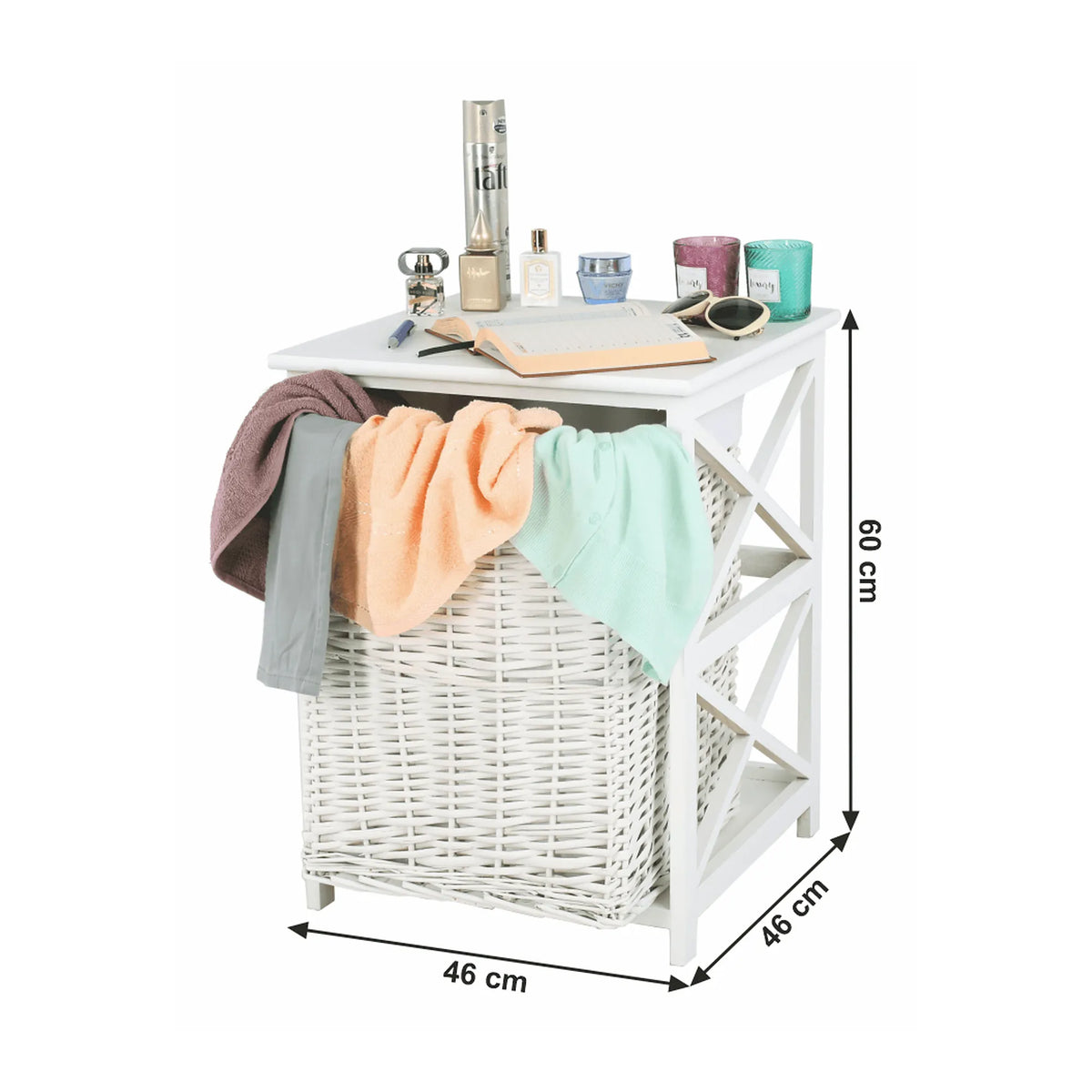 Cos de rufe RAFAELLO, alb, rachita/material textil, 46x46x60 cm