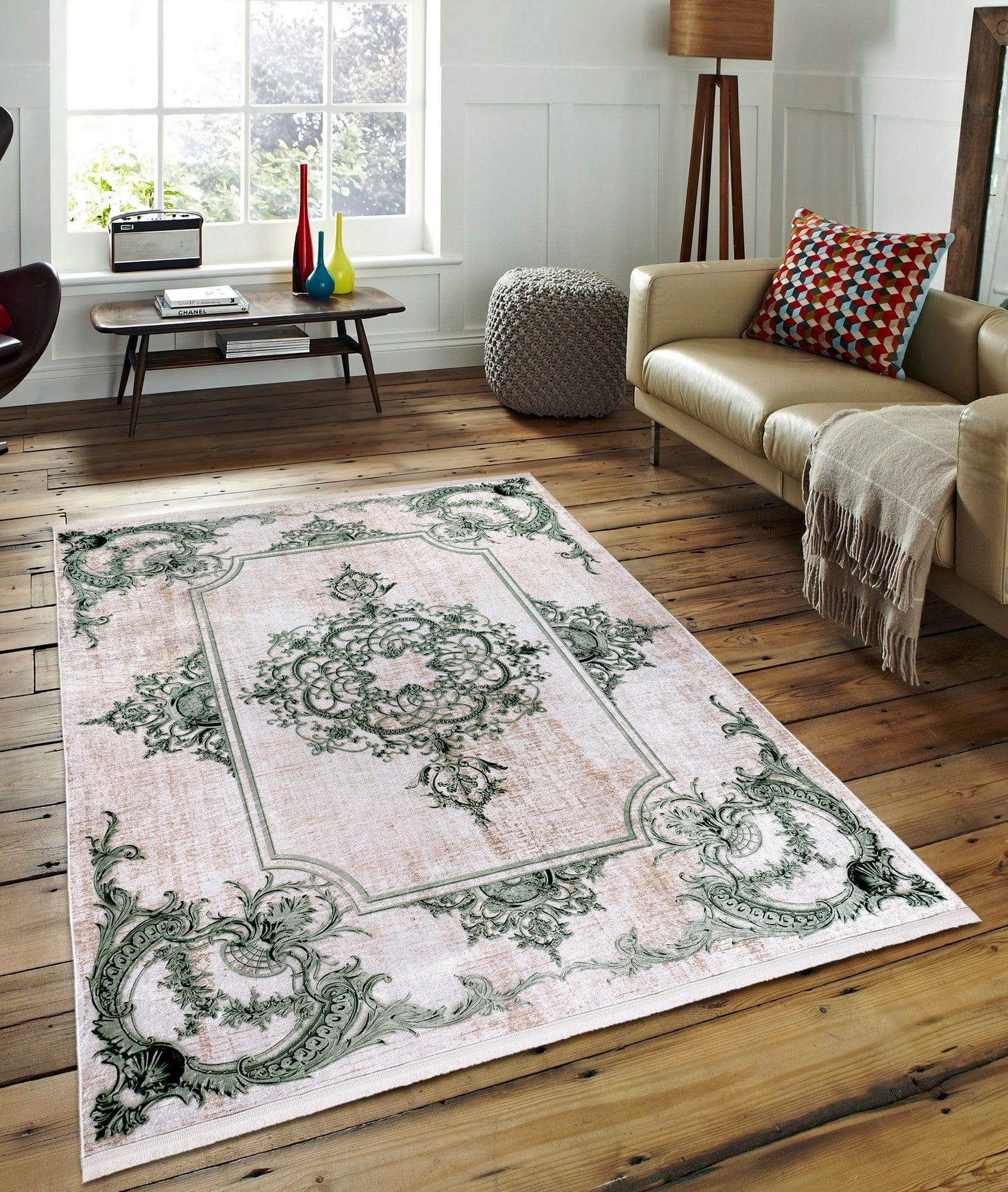 Covor 1037, 80x150 cm, forma dreptunghiulara, tesatura catifelata, maro/verde