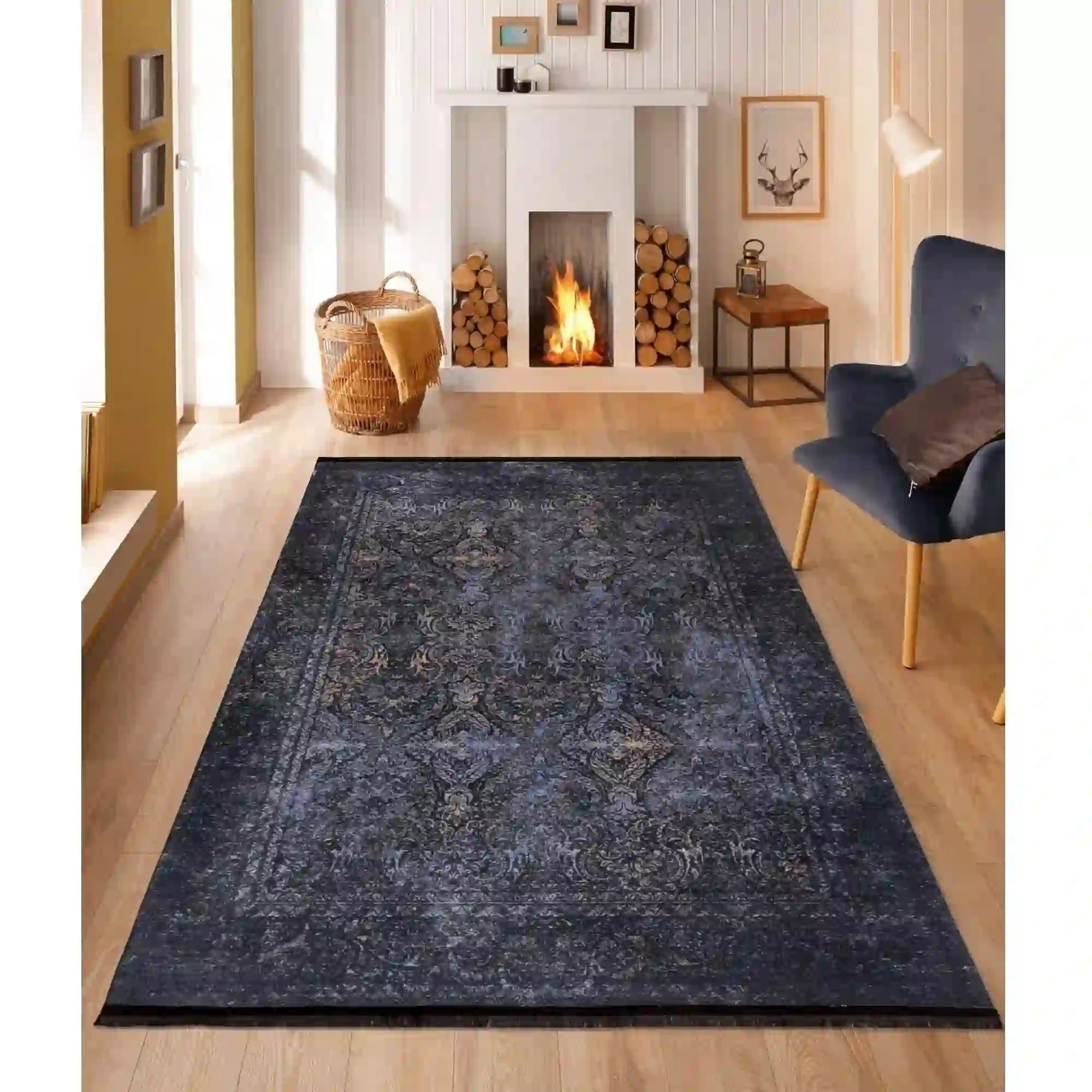 Covor 1058, 80x150 cm, forma dreptunghiulara, tesatura catifelata, albstru inchis