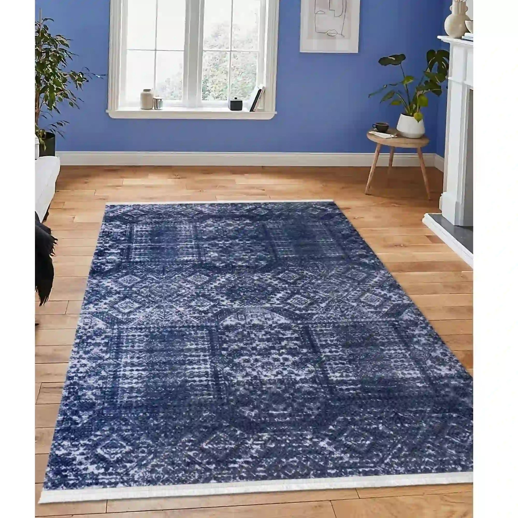 Covor 1510A, 80x150 cm, forma dreptunghiulara, tesatura catifelata, albastru inchis