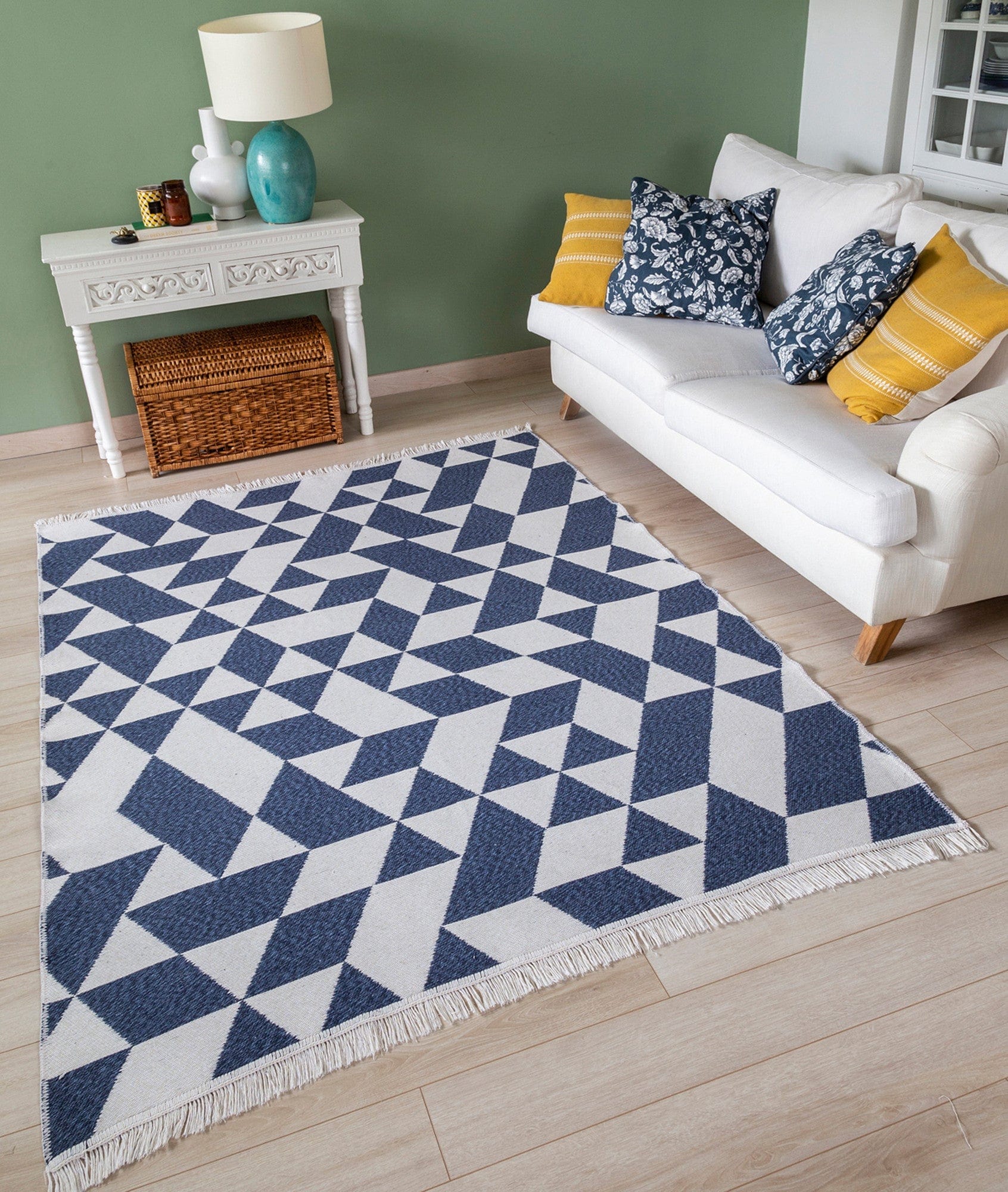 Covor 22992A, 60x100 cm, forma dreptunghiulara, bumbac, alb/albastru