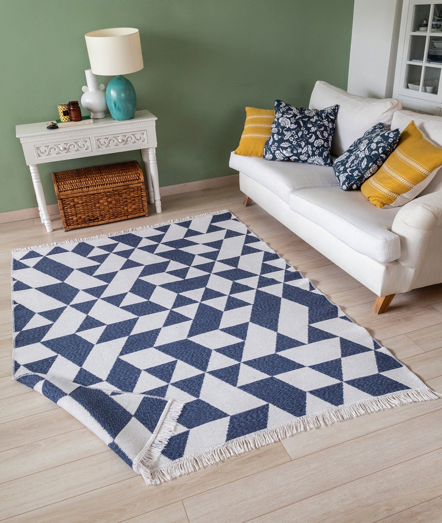 Covor 22992A, 60x100 cm, forma dreptunghiulara, bumbac, alb/albastru