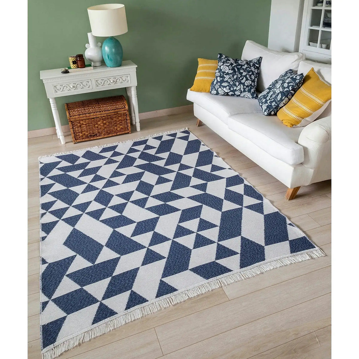 Covor 22992A, 80x150 cm, forma dreptunghiulara, bumbac, alb/albastru