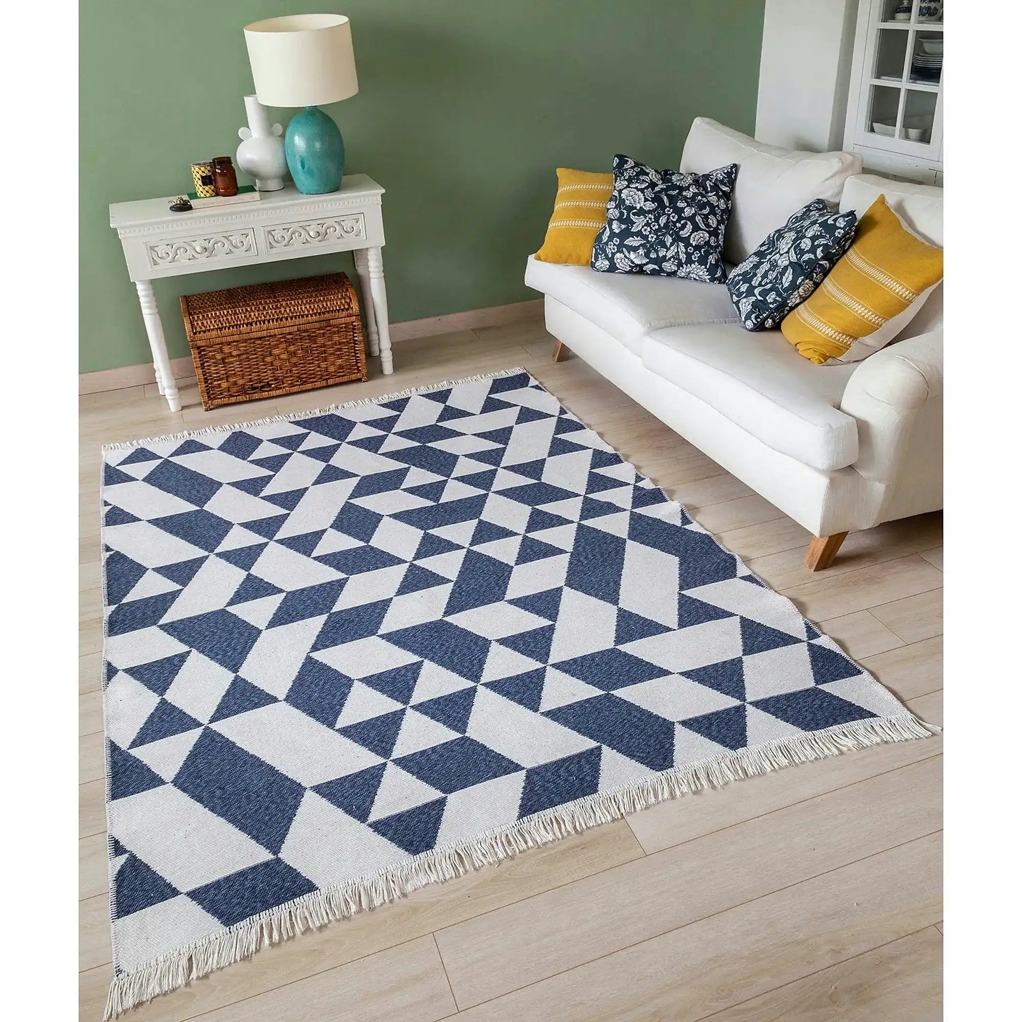 Covor 22992A, 80x150 cm, forma dreptunghiulara, bumbac, alb/albastru