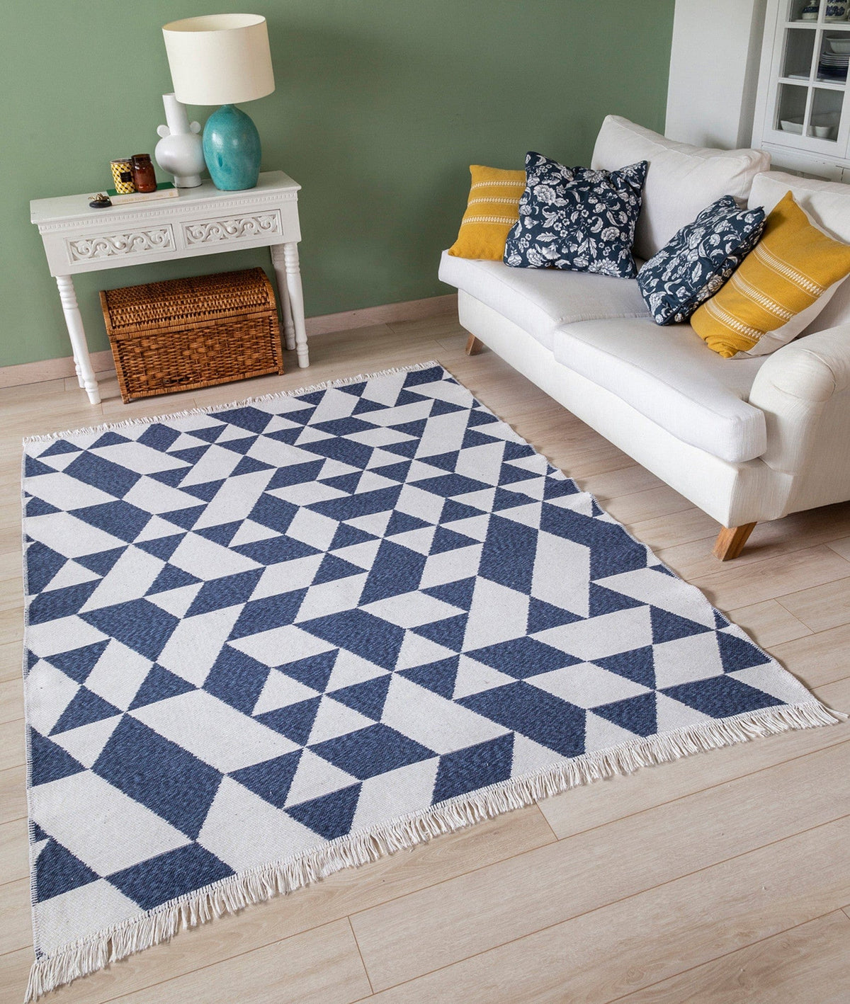 Covor 22992A, 80x150 cm, forma dreptunghiulara, bumbac, alb/albastru