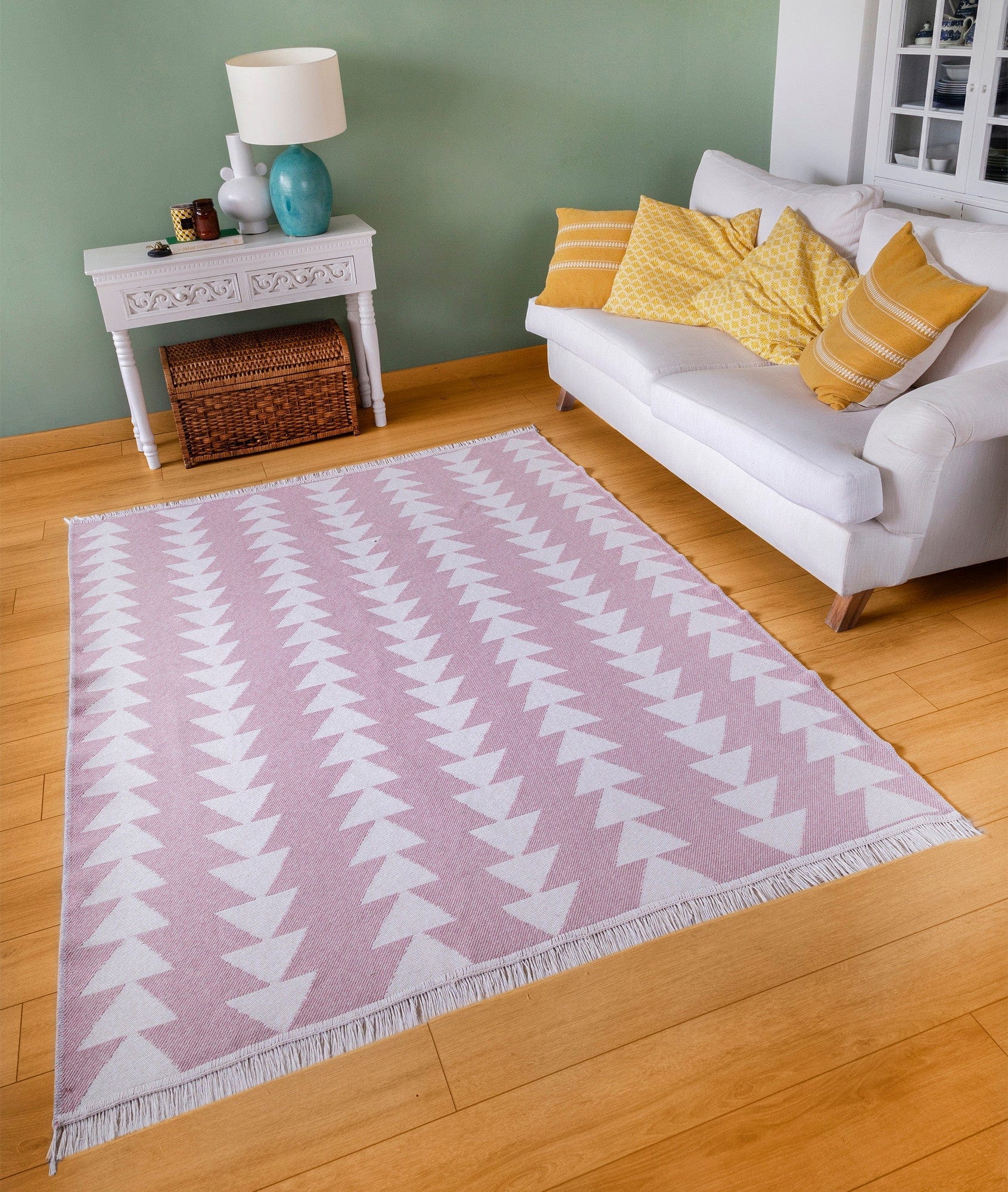 Covor 22994A, 60x100 cm, forma dreptunghiulara, bumbac, alb/roz