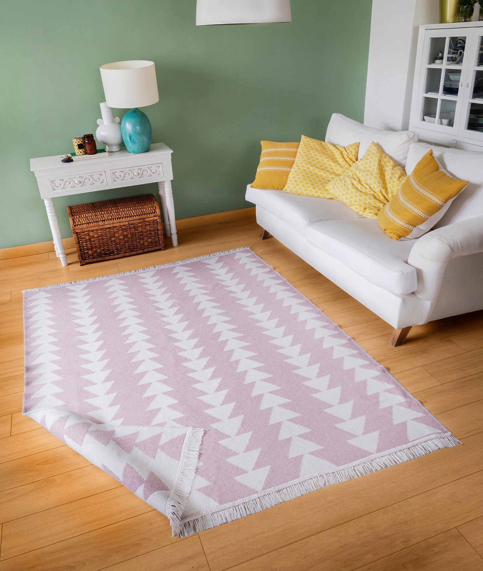 Covor 22994A, 60x100 cm, forma dreptunghiulara, bumbac, alb/roz