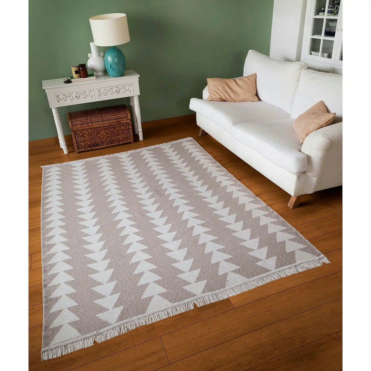 Covor 22994A, 80x150 cm, forma dreptunghiulara, bumbac, alb/bej