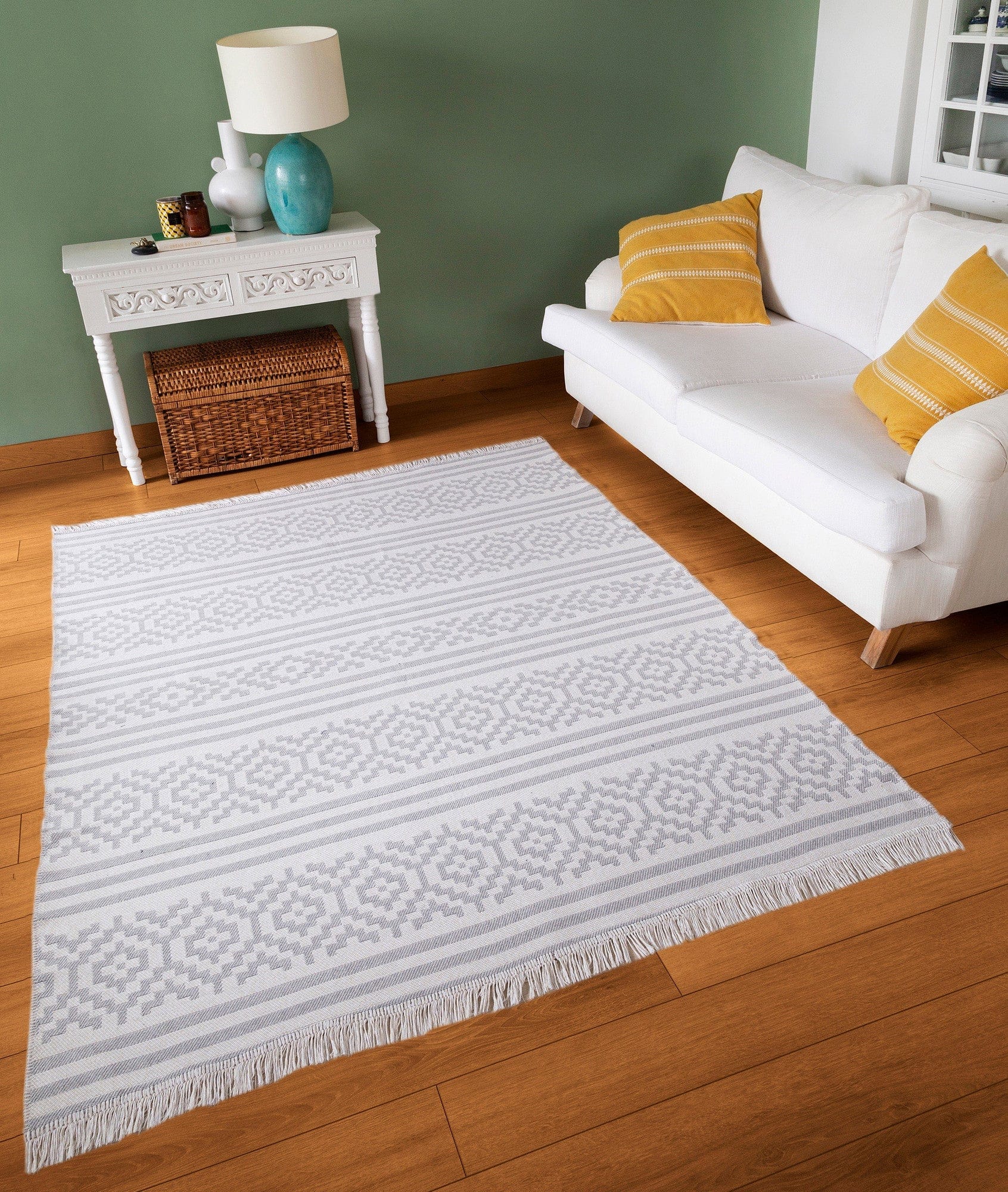 Covor 22996A, 60x100 cm, forma dreptunghiulara, bumbac, alb/gri