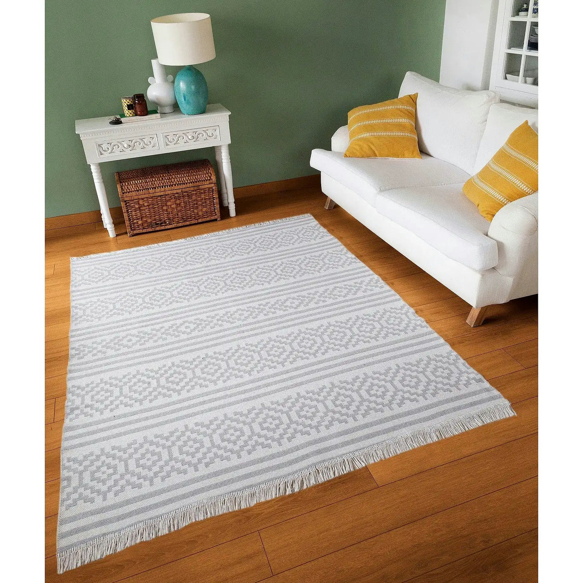 Covor 22996A, 60x100 cm, forma dreptunghiulara, bumbac, alb/gri