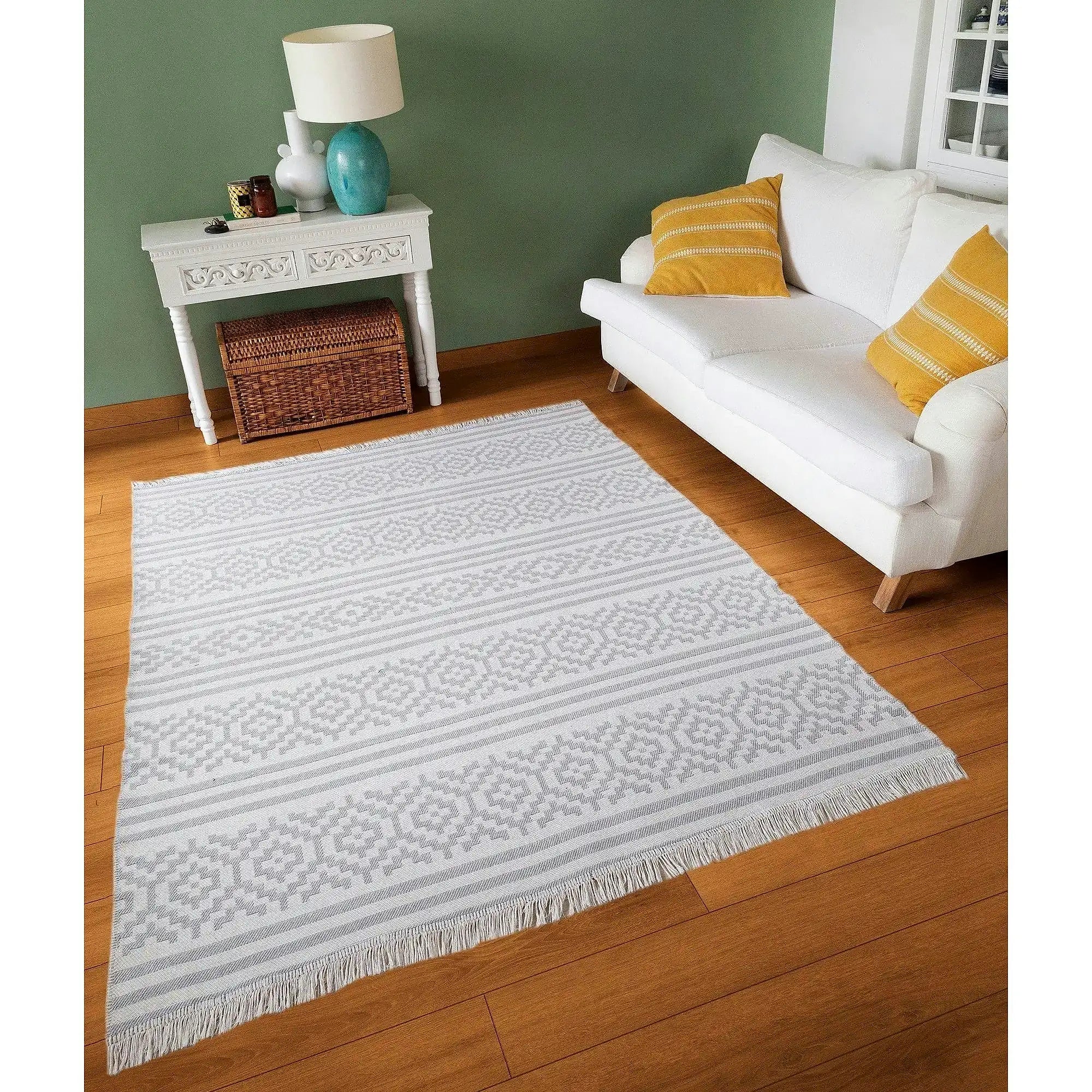 Covor 22996A, 60x100 cm, forma dreptunghiulara, bumbac, alb/gri