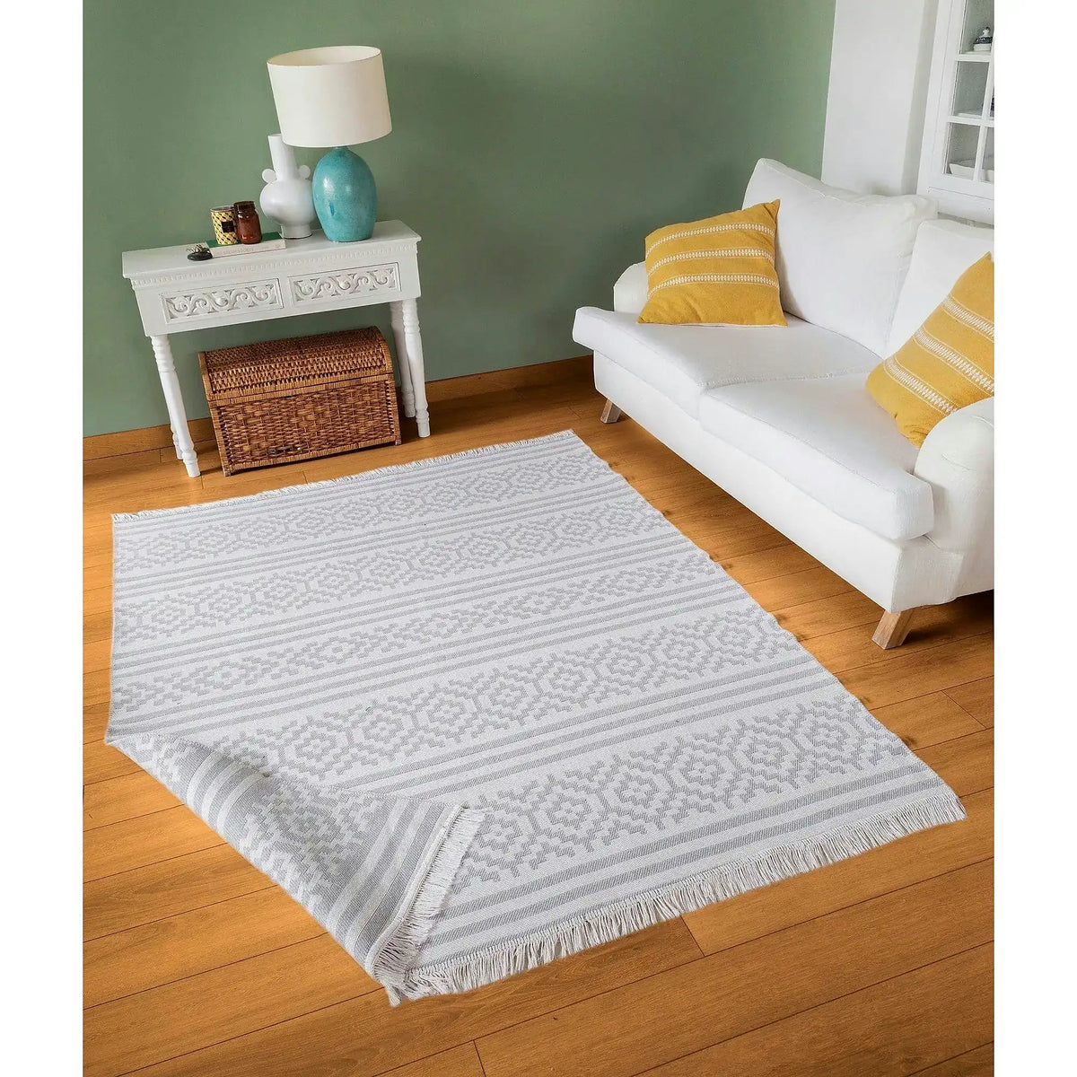 Covor 22996A, 60x100 cm, forma dreptunghiulara, bumbac, alb/gri