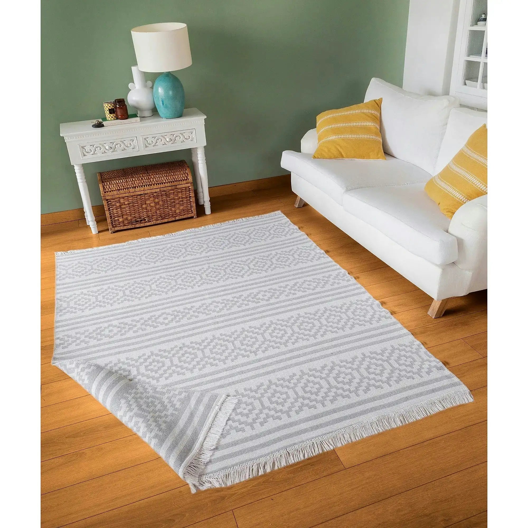 Covor 22996A, 60x100 cm, forma dreptunghiulara, bumbac, alb/gri
