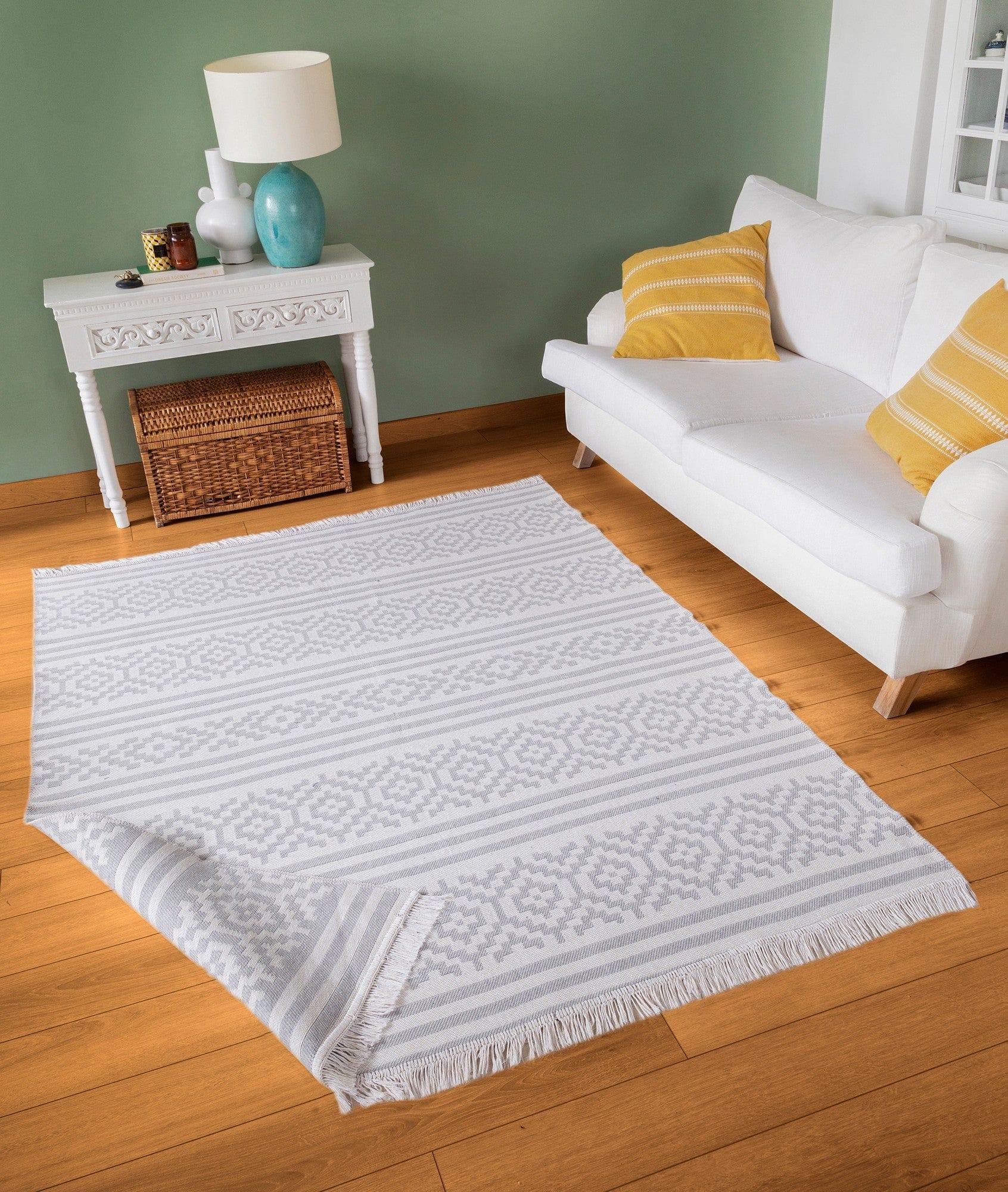 Covor 22996A, 60x100 cm, forma dreptunghiulara, bumbac, alb/gri