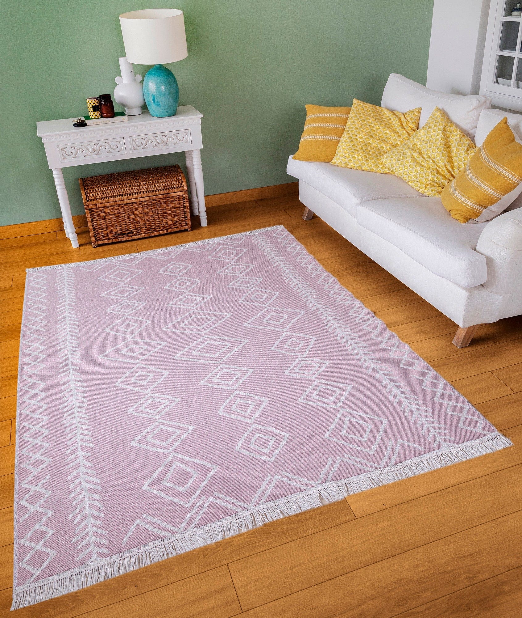Covor 23000A, 60x100 cm, forma dreptunghiulara, bumbac, alb/roz