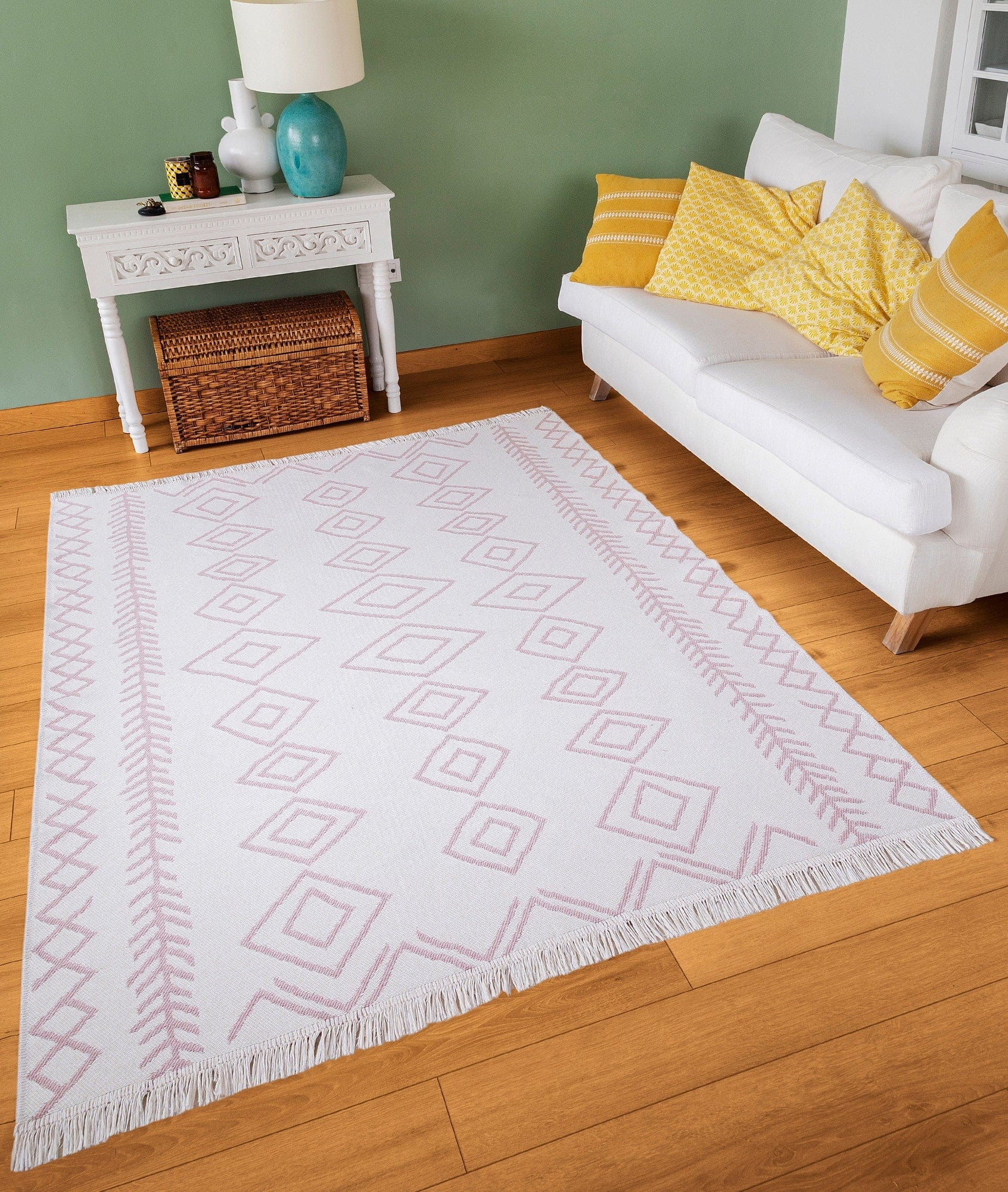 Covor 23000A, 60x100 cm, forma dreptunghiulara, bumbac, alb/roz