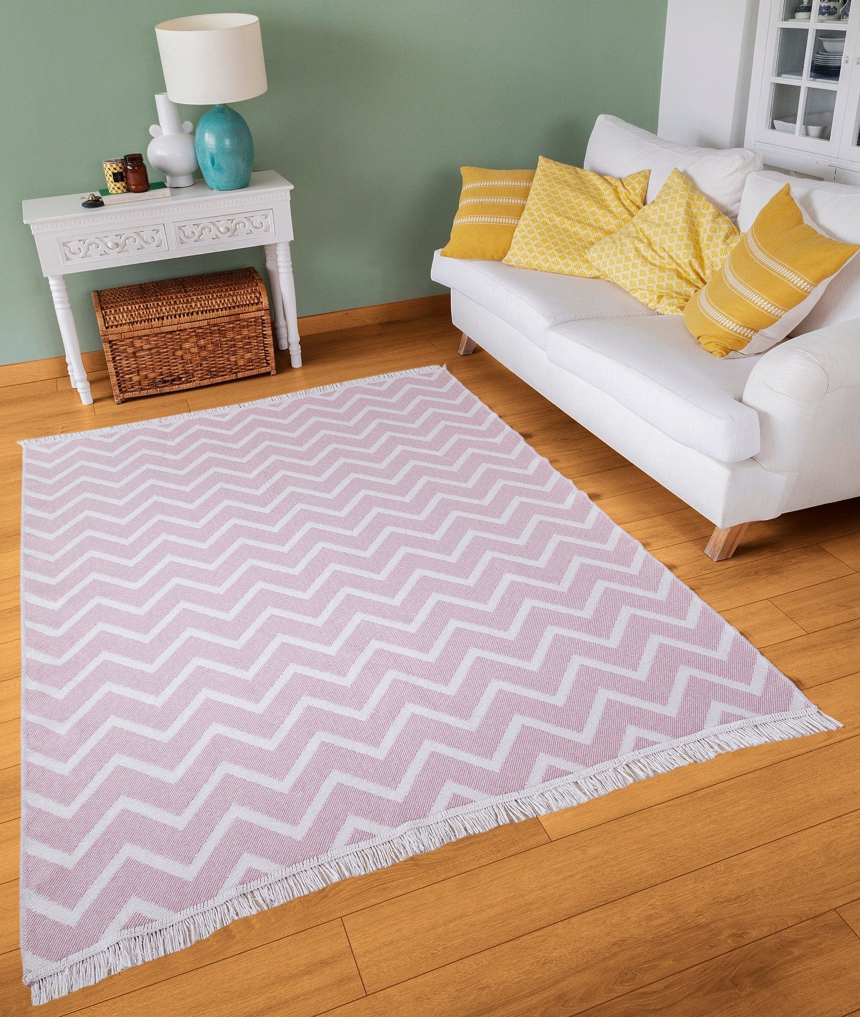 Covor 23002A, 60x100 cm, forma dreptunghiulara, bumbac, roz/alb