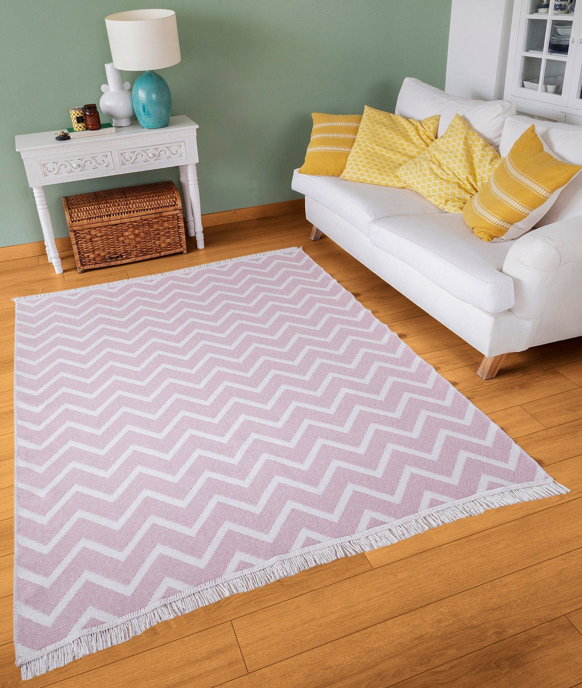 Covor 23002A, 60x100 cm, forma dreptunghiulara, bumbac, roz/alb