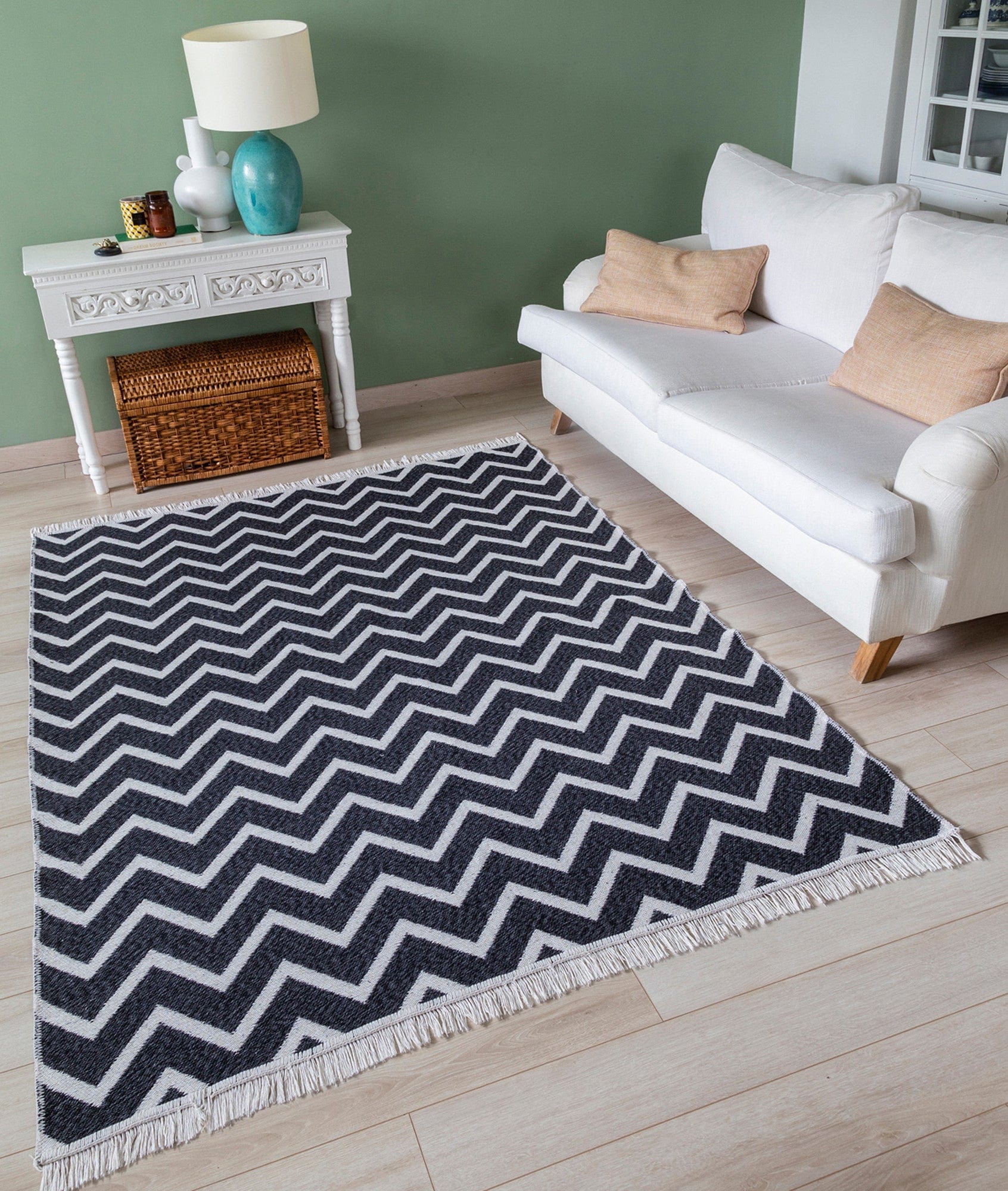 Covor 23002A, 80x150 cm, forma dreptunghiulara, bumbac, alb/negru