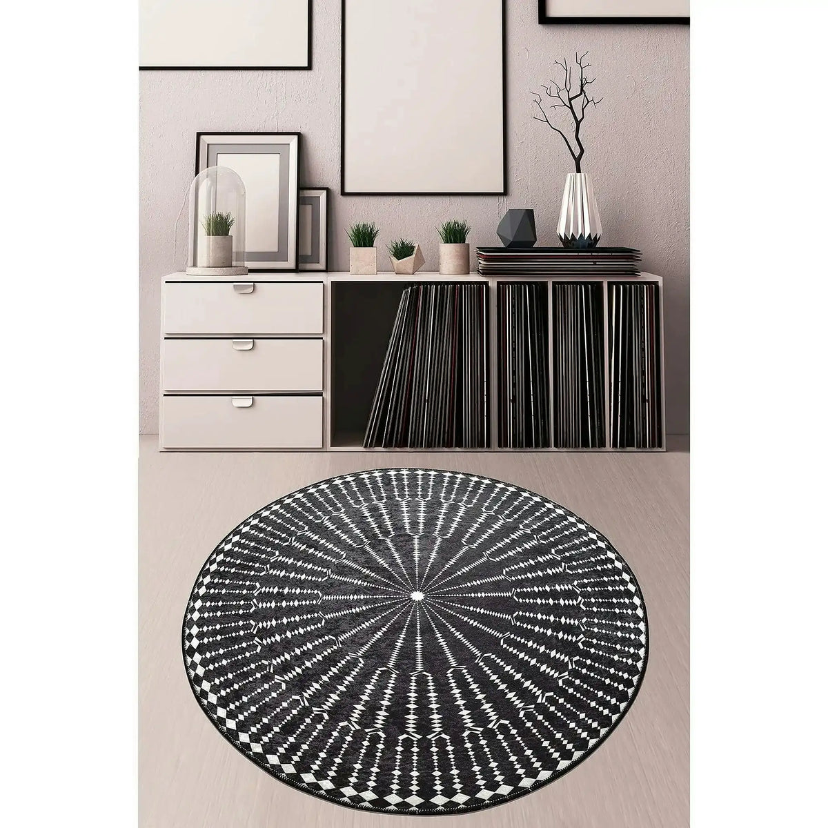 Covor BUIO DJT CAP, 140x140 cm, forma rotunda, tesatura de catifea/poliester, negru/alb