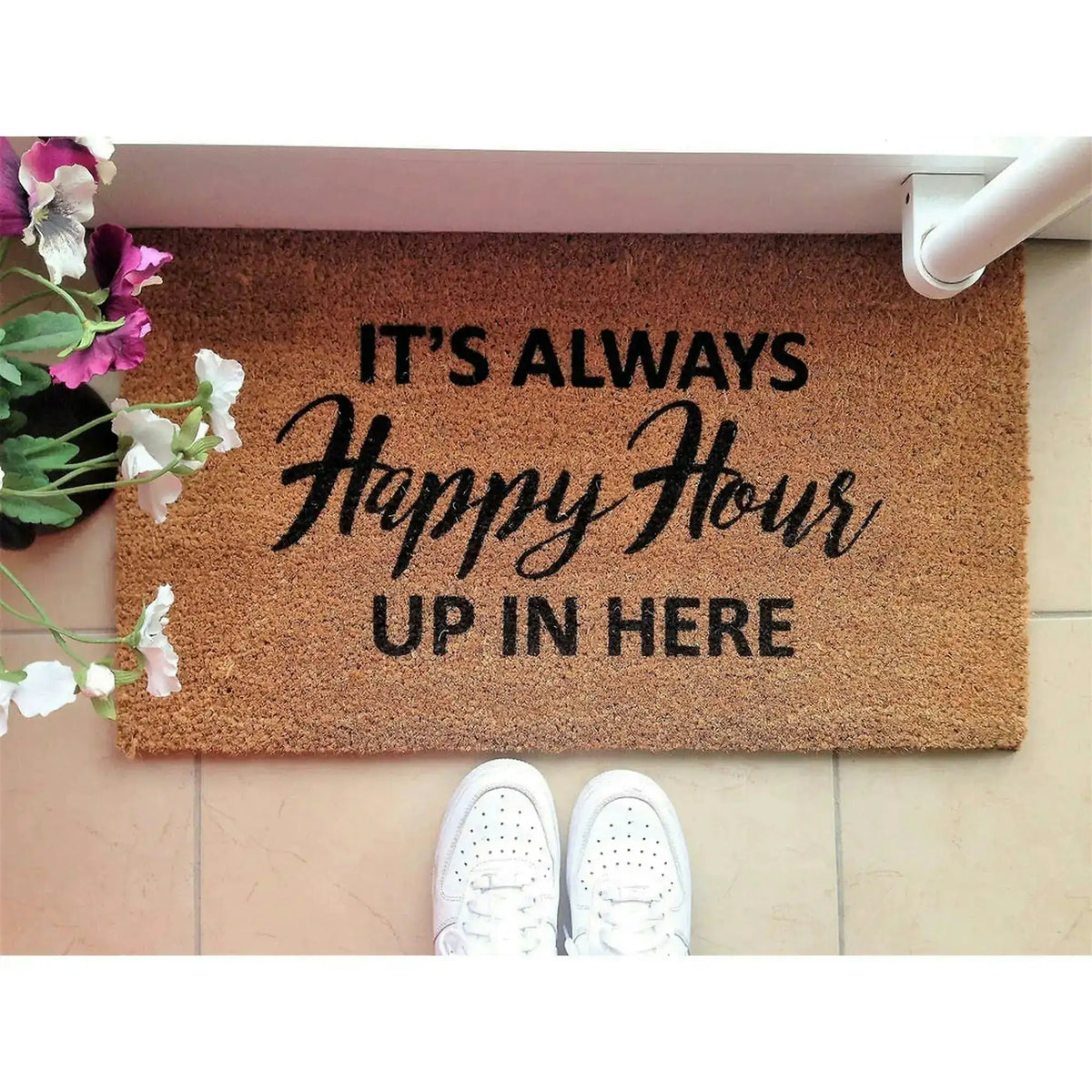 Covor intrare HAPPY HOUR, 40x70 cm, forma dreptunghiulara, fibra de cocos, maro/negru