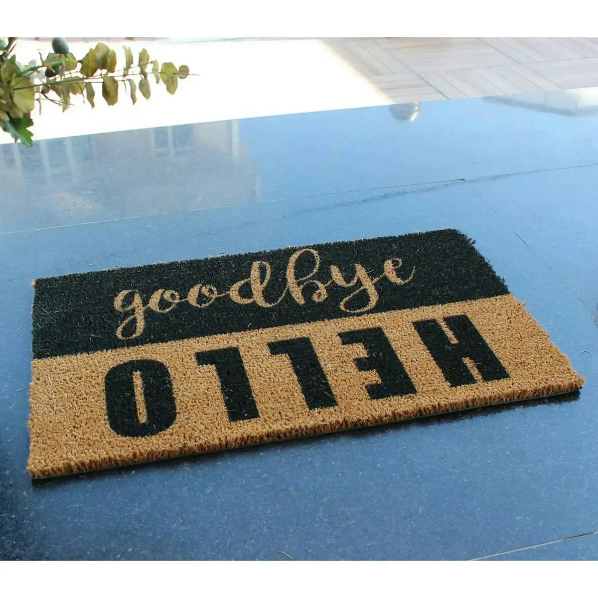 Covor intrare HELLO GOODYE, 70x40 cm, forma dreptunghiulara, fibra de cocos, maro/negru