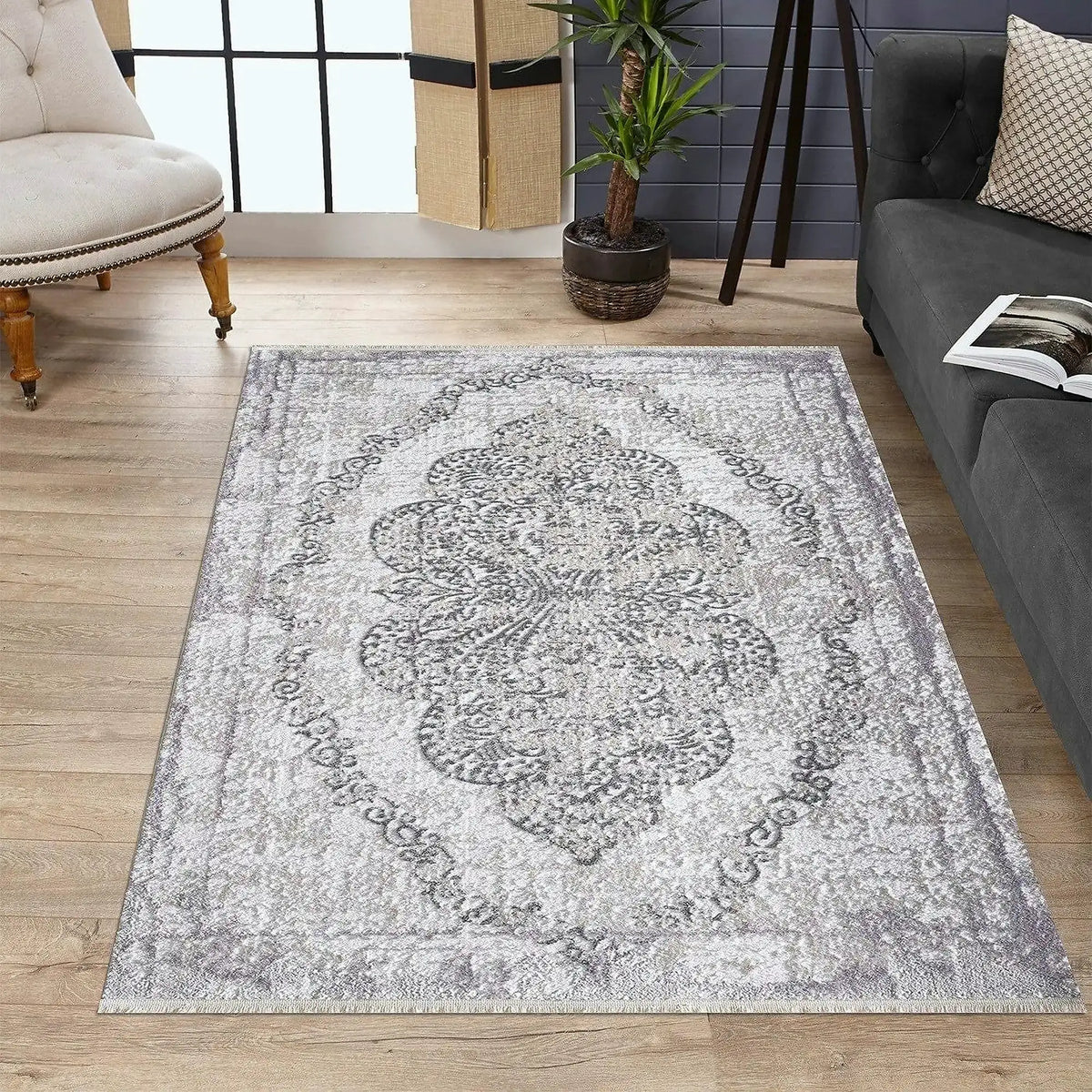 Covor JASMINE 1423, 160x230 cm, forma dreptunghiulara, poliester, gri/alb