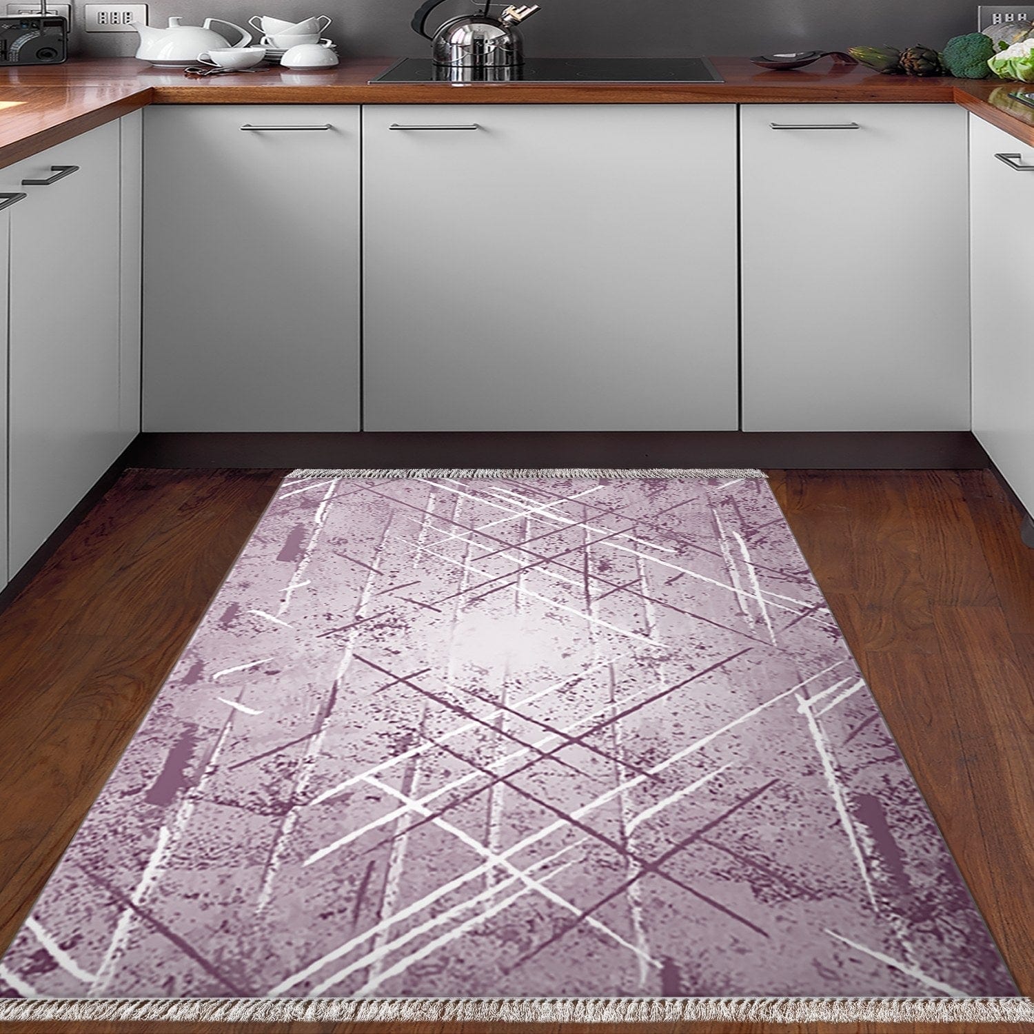 Covor M5003, 80x120 cm, forma dreptunghiulara, poliester, mov/alb