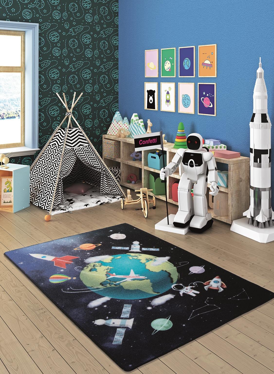 Covor OUTER SPACE, 133x190 cm, forma dreptunghiulara, material sintetic, multicolor