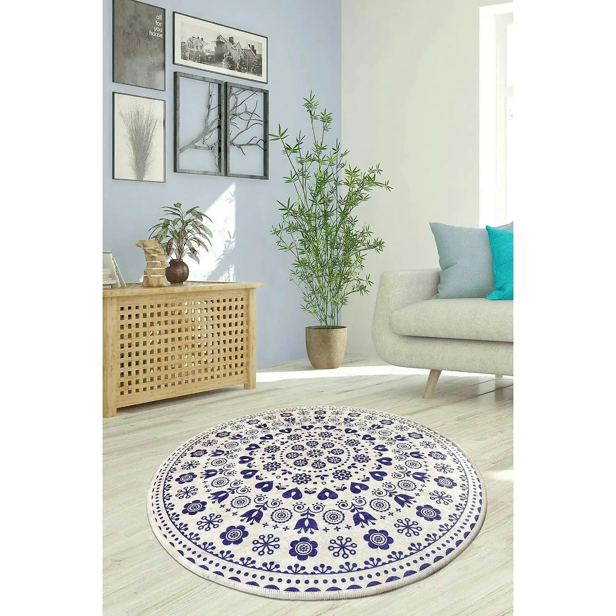 Covor VENICE, 100x100 cm, forma rotunda, tesatura de catifea/poliester, alb/albastru