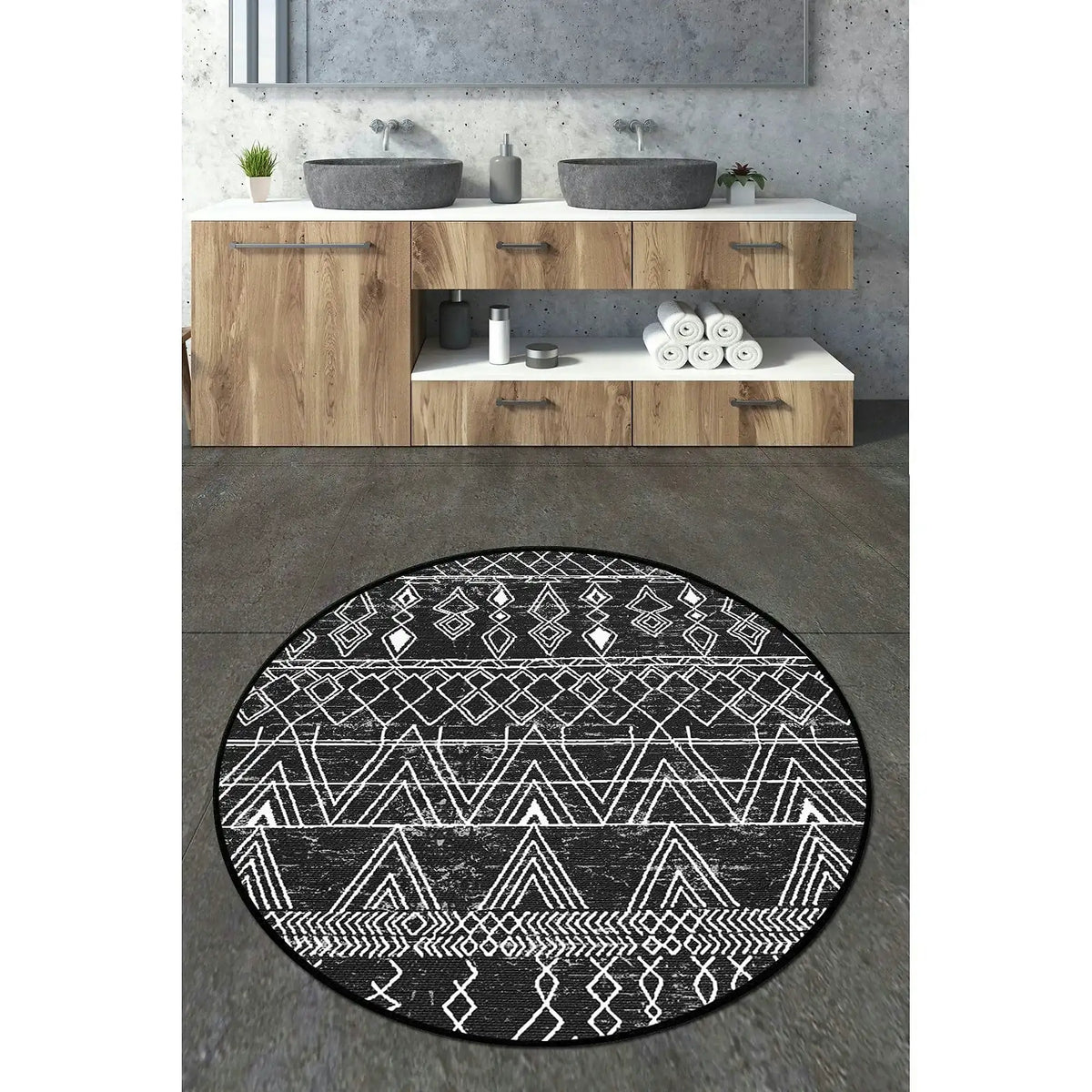 Covoras baie 359CHL4692, 80x80 cm, forma rotunda, poliester, negru/alb