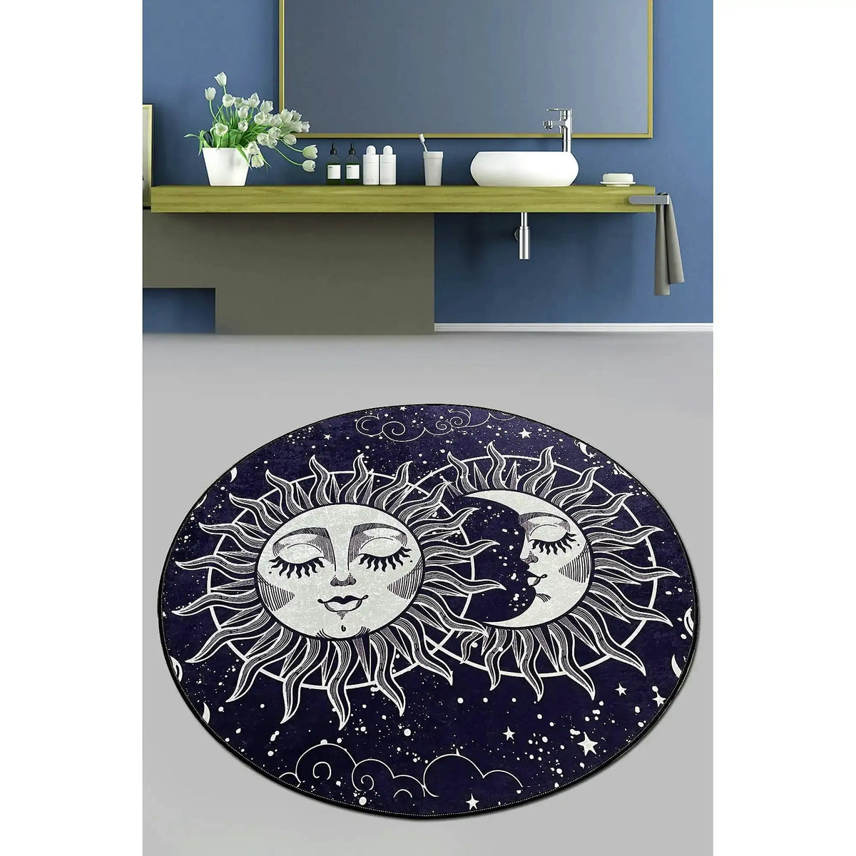 Covoras baie ATEN DJT, 80x80 cm, forma rotunda, poliester, albastru inchis