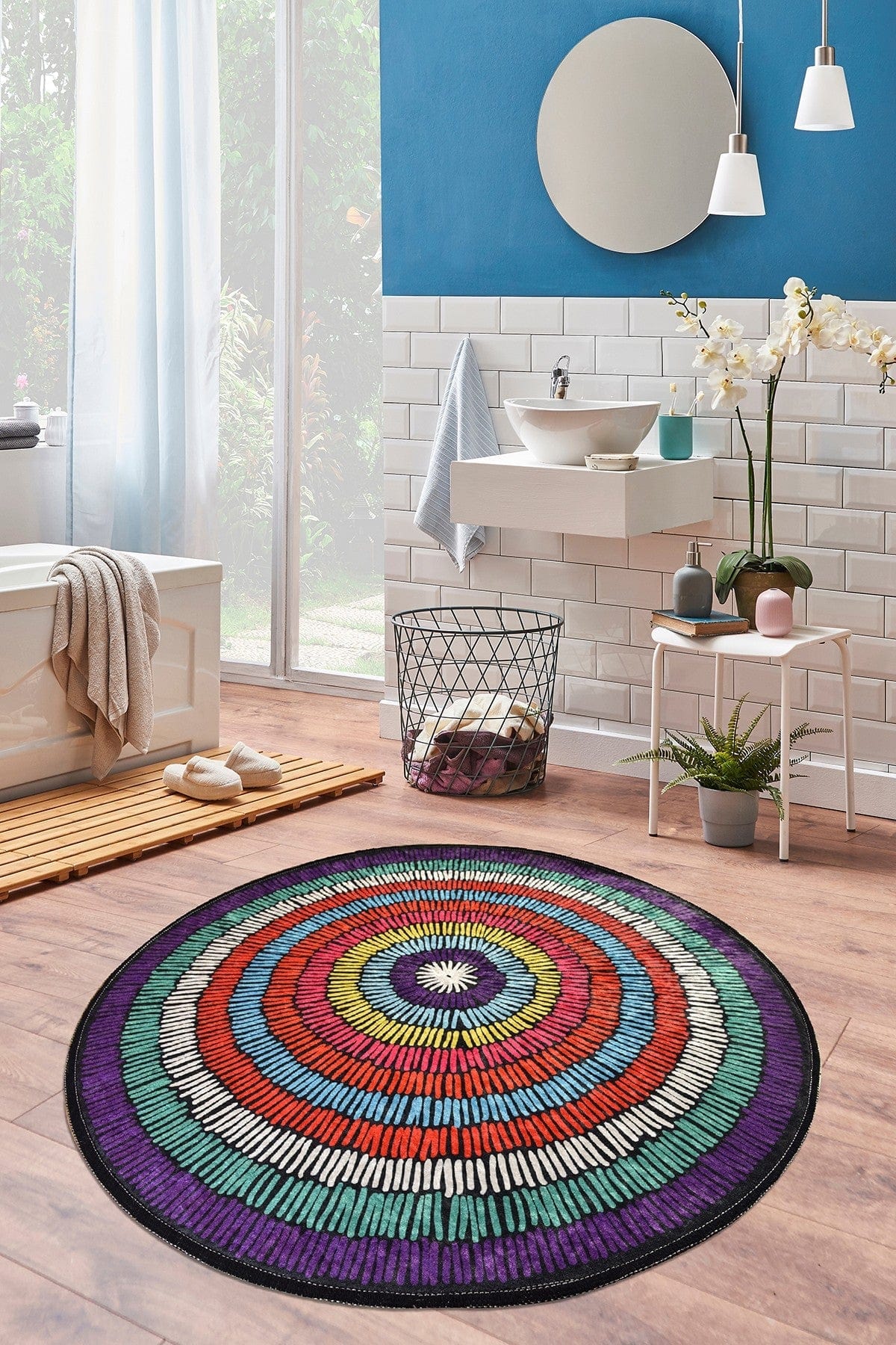 Covoras baie BUBBLE, 100x100 cm, forma rotunda, poliester, multicolor