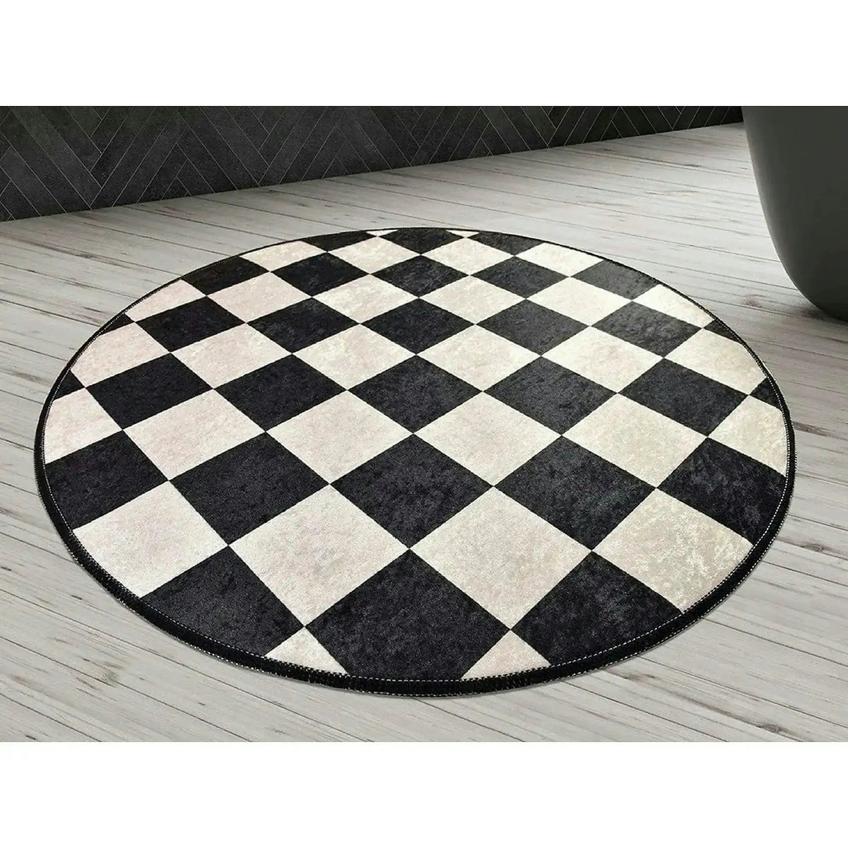 Covoras baie DAMA, 100x100 cm, forma rotunda, poliester, alb/negru