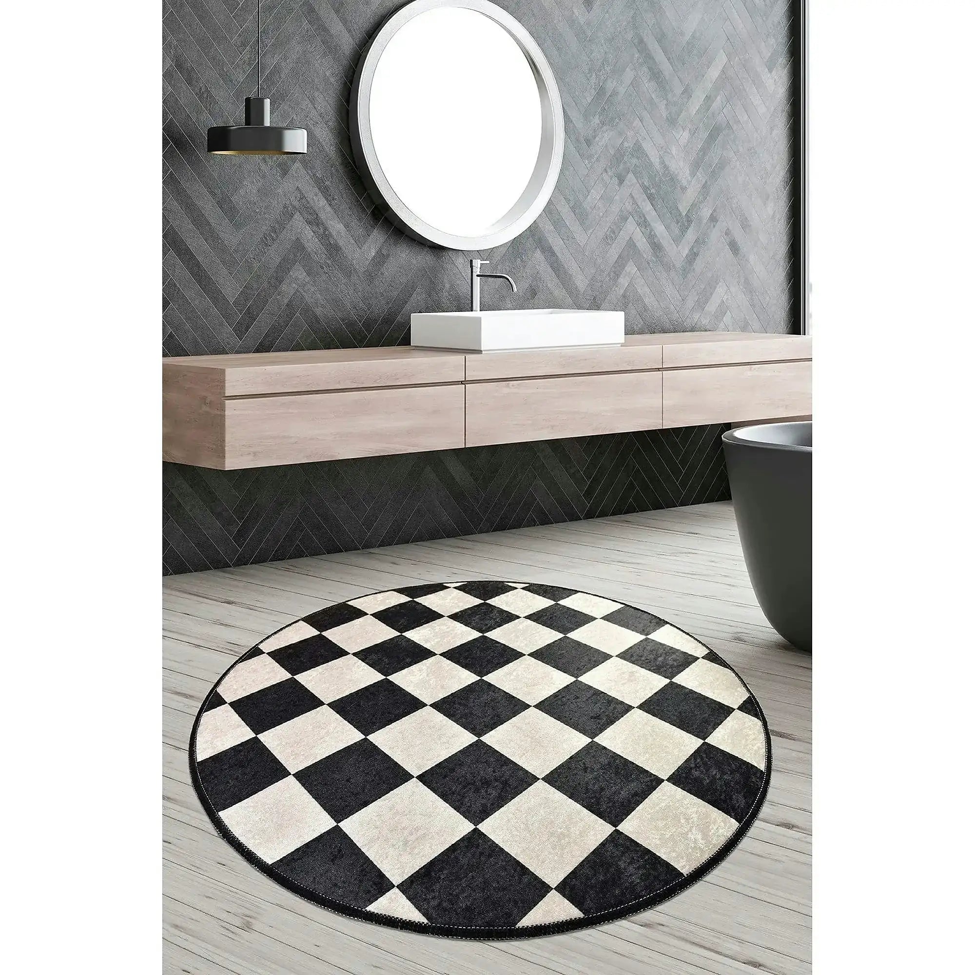 Covoras baie DAMA, 100x100 cm, forma rotunda, poliester, alb/negru