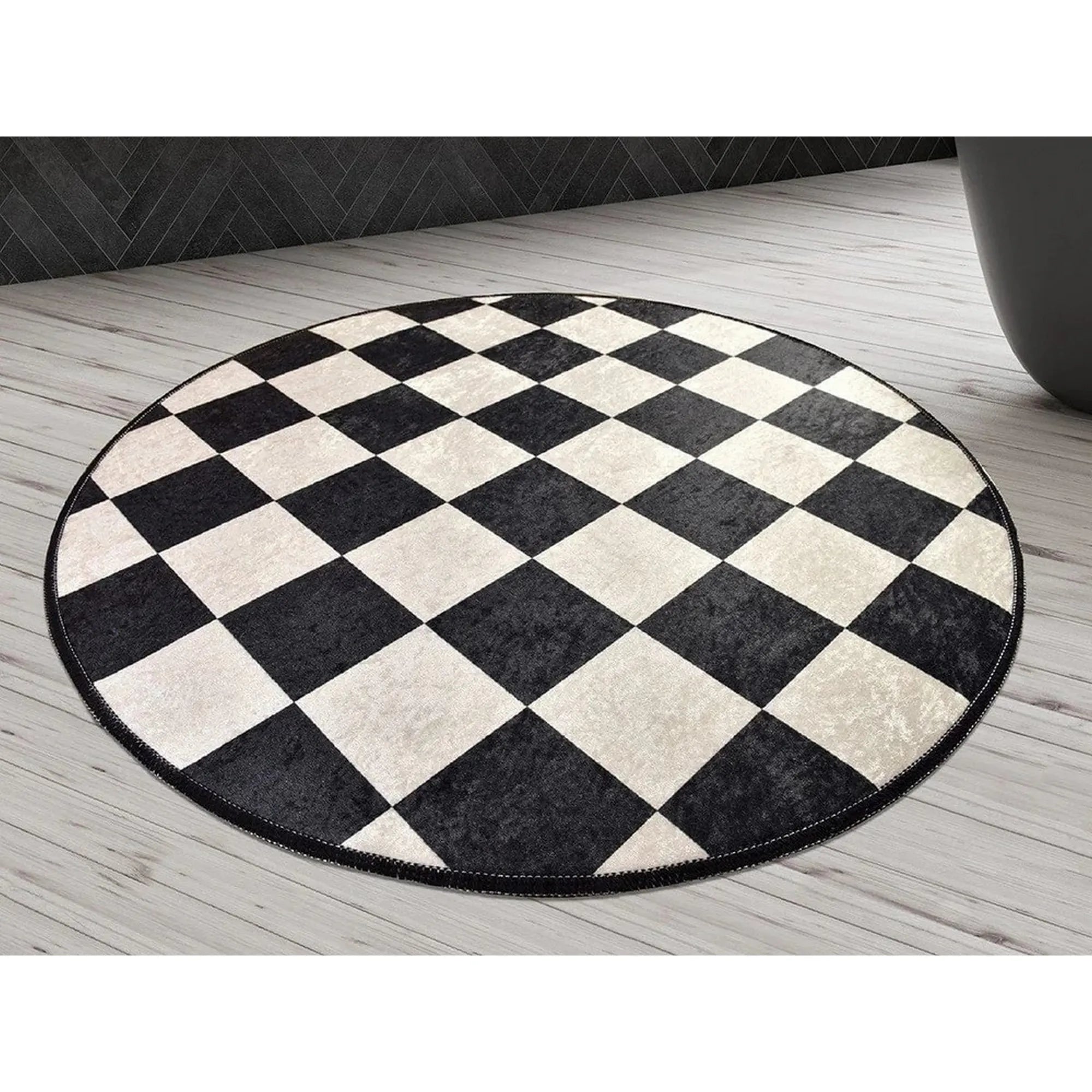 Covoras baie DAMA, 100x100 cm, forma rotunda, poliester, alb/negru