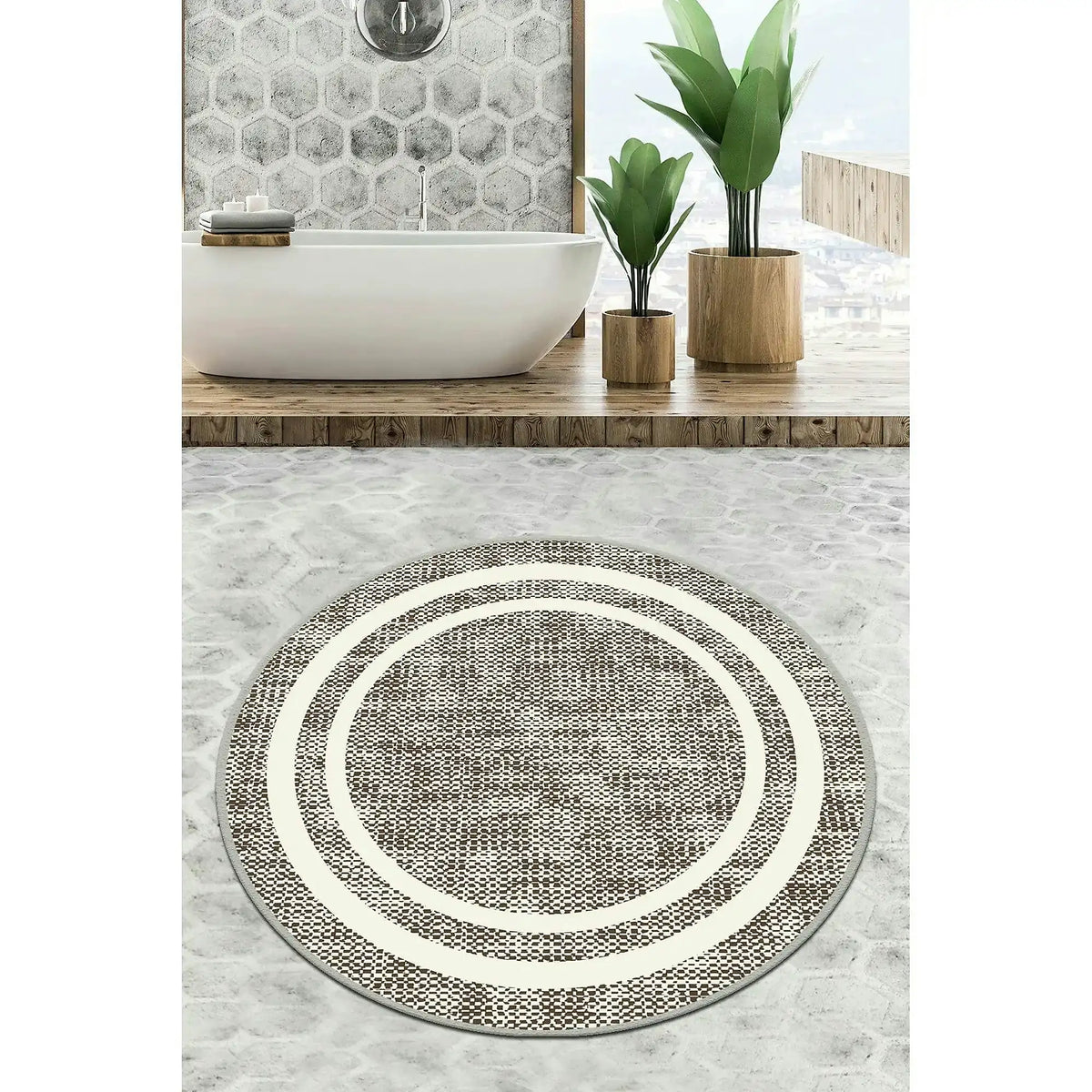Covoras baie FORMICA CIRCLE DJT, 80x80 cm, forma rotunda, poliester, bej/alb