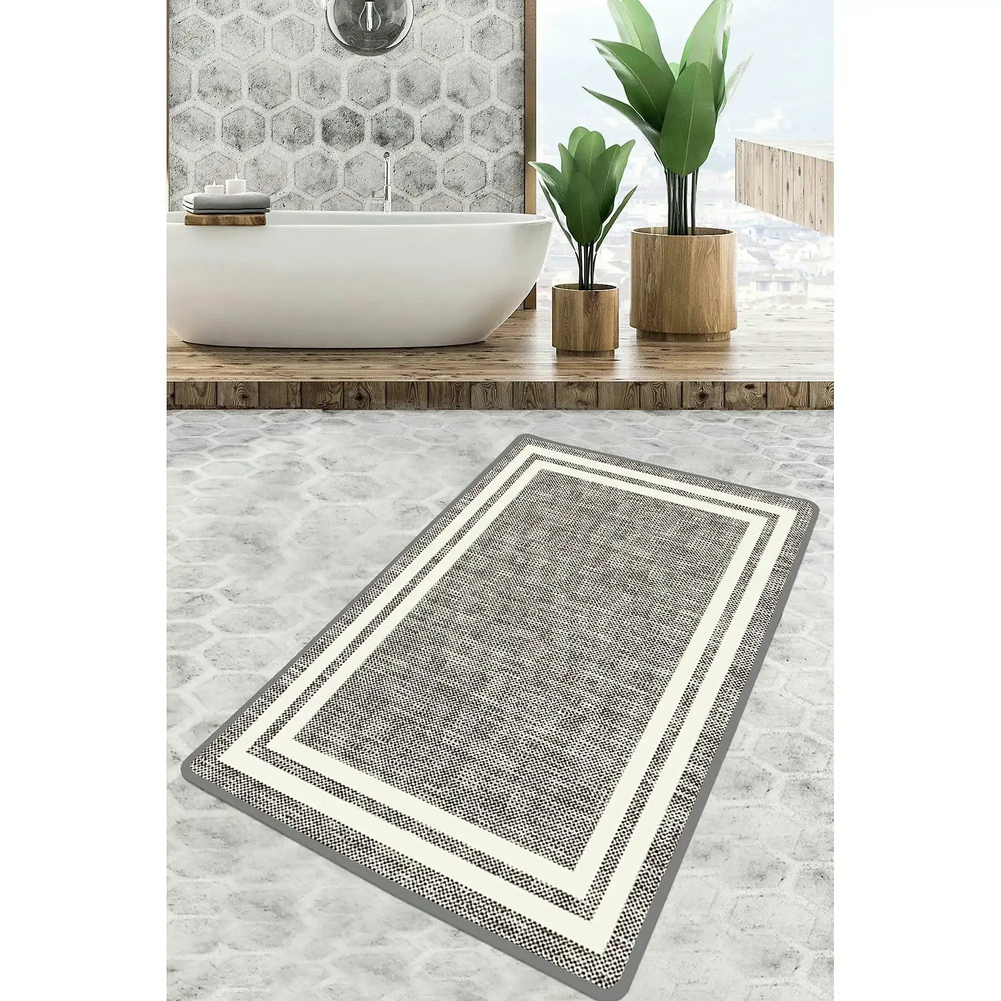 Covoras baie FORMICA DJT, 70x120 cm, forma dreptunghiulara, poliester, bej/alb