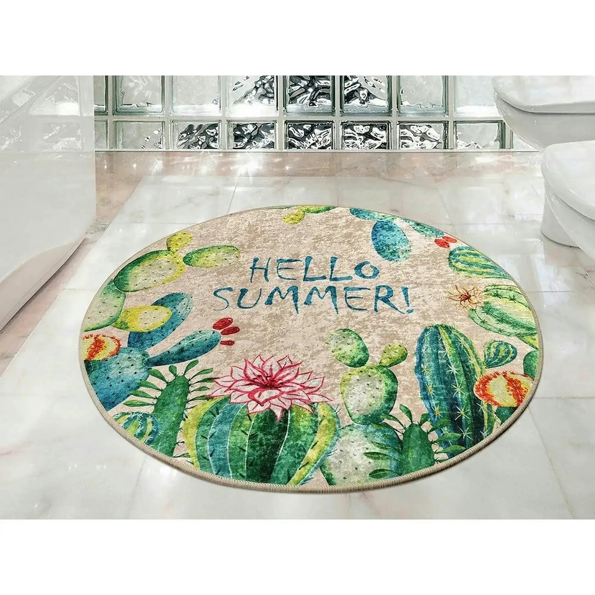 Covoras baie HELLO SUMMER, 100x100 cm, forma rotunda, poliester, multicolor